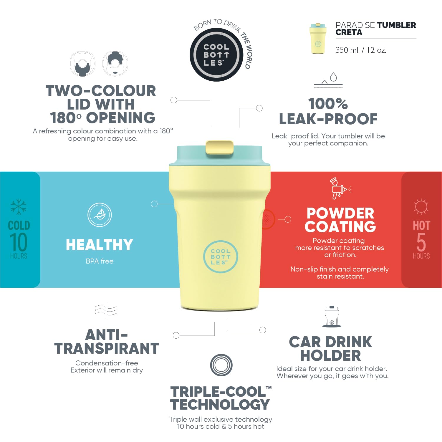 Cool Bottles - Paradise Tumbler - Vaso Térmico de Acero Inoxidable - 350 ml - Creta - Amarillo y Turquesa - Tapa Hermética - Bebidas frías 10 horas y calientes 5 horas - Acabado Antimanchas