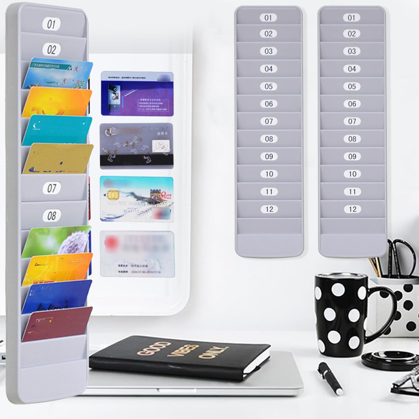 Supporto Da Parete per Carte Dipendenti, Porta Tessere Da Parete 12 Slot, Appendere Organizer per Registratore Di Presenze, Plastica, per Ufficio e Famiglia (Grigio-Bianco)