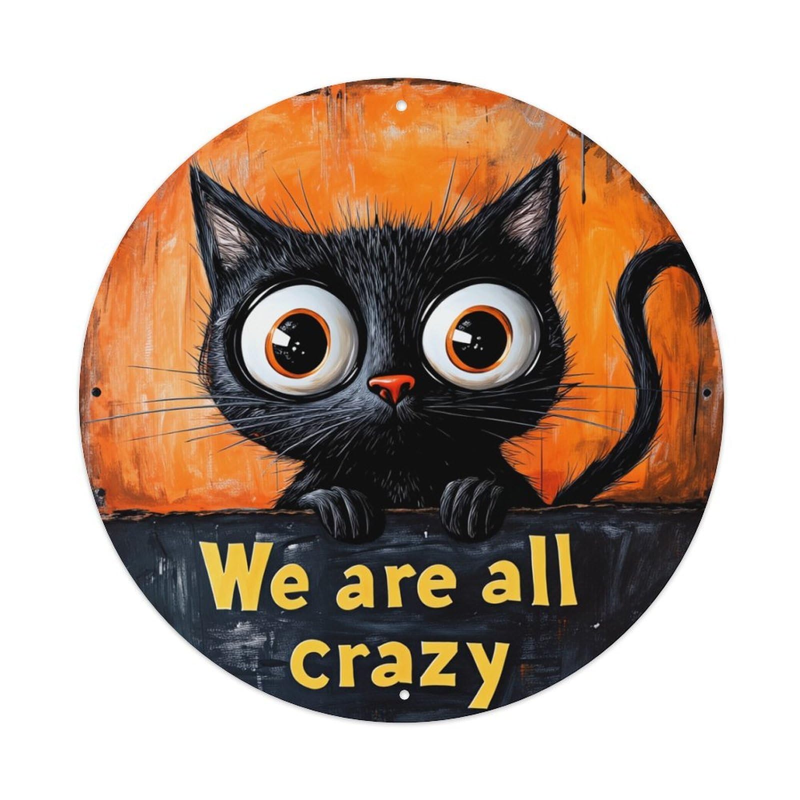 Black Cat Orange Background Text Round Tin Sign Retro Metal Sign for Cafe Bar Pub Home Game Room Gym Club Wall Decoration Vintage Metal Poster 8x8 Inch