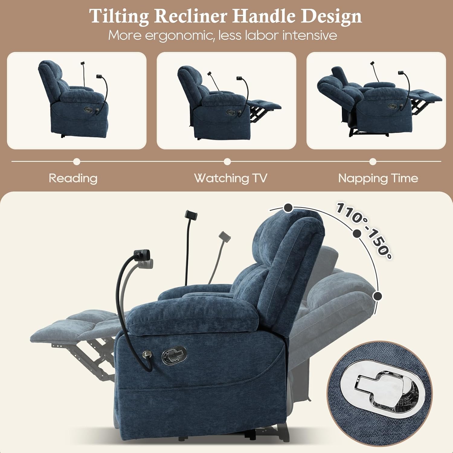 Loveseat Recliner Sofa, Manual Recliner Loveseat with Console, Modern Chenille Sofa Sleeper Deep Couches with Cell Phone Holder and Hidden Socket for Living Room/Office/Apartment (Blue) | Cup Holder, Side pocket