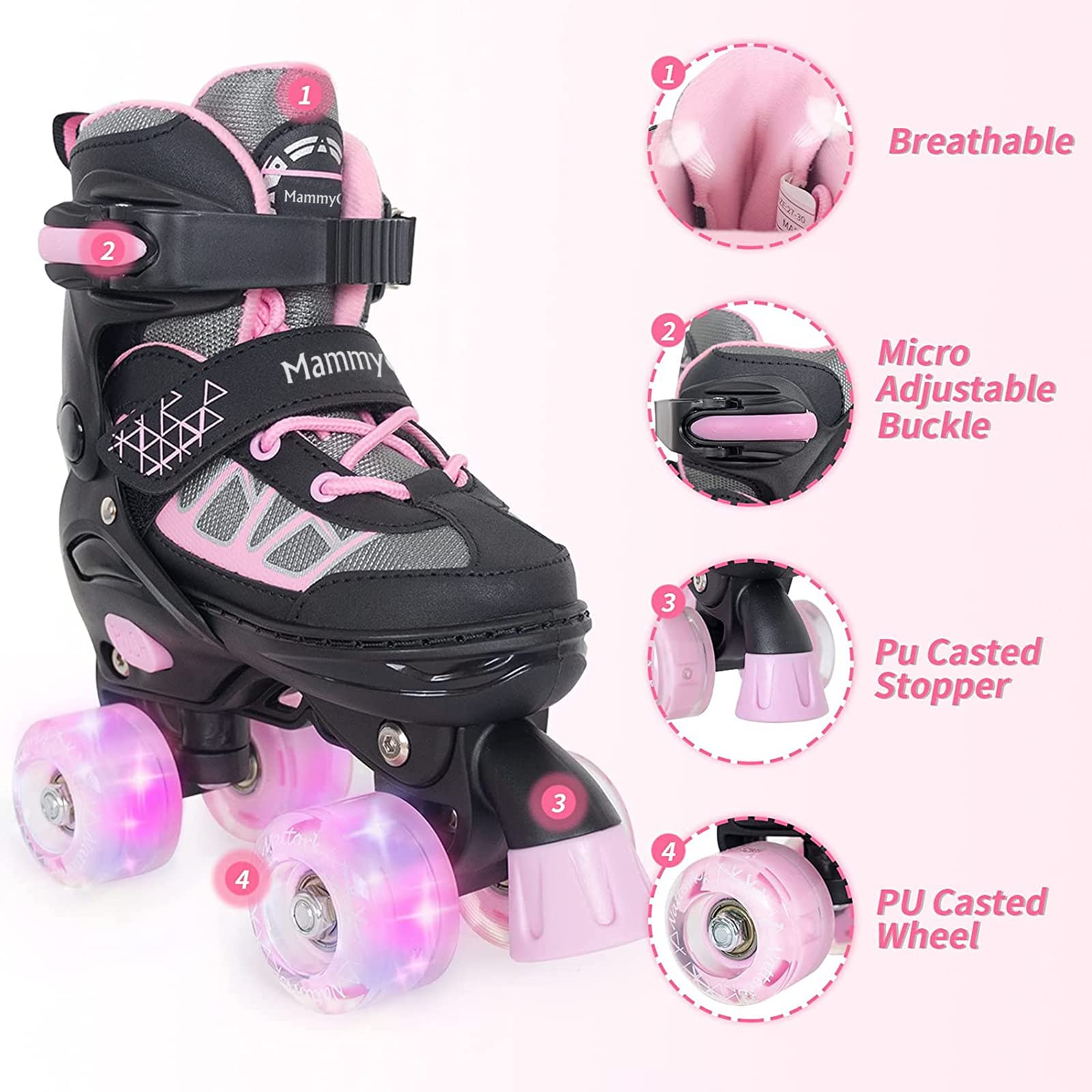 MammyGol Roller Skates for Kids Boys Girls, Adjustable Quad Skates with Light Up Wheels for Toddler Little Kids Ages 6-12, Beginners Outdoor Sports