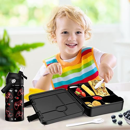 Miniatura 3 de Bevalsa Lonchera Bento para niños con 6 compartimentos, botella de agua de metal de acero inoxidable, bolsa aislada y utensilios, contenedor de