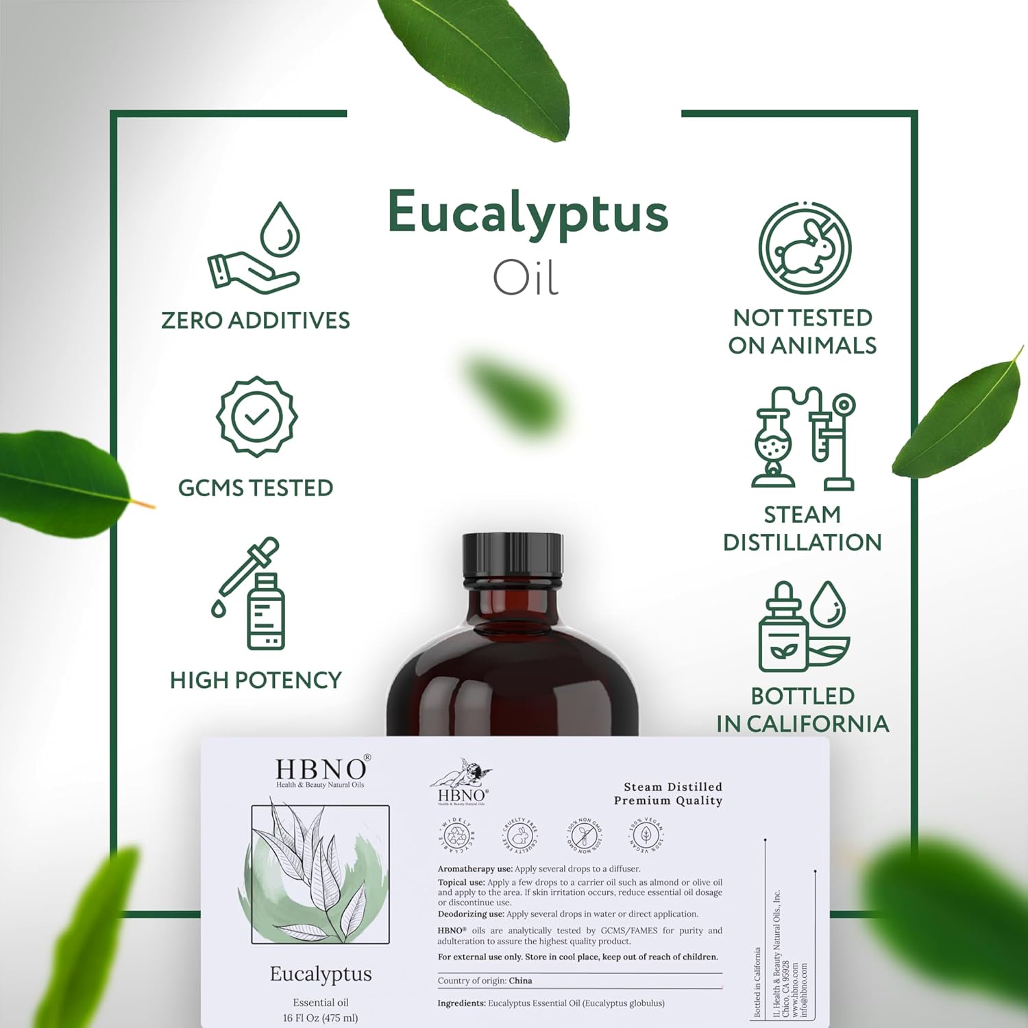 HBNO Eucalyptus Oil - 16 oz (475ml) Large Size - Ideal for Shampoos, Conditioners, Mouth Washes, Face wash, Lotions, and Skin Care Products.