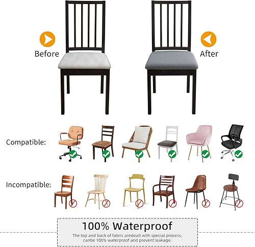 Miniatura 5 de Juego de 4 fundas para asiento para silla, impermeables, de tela jacquard, elásticas, extraíbles y lavables, fundas protectoras de asiento para