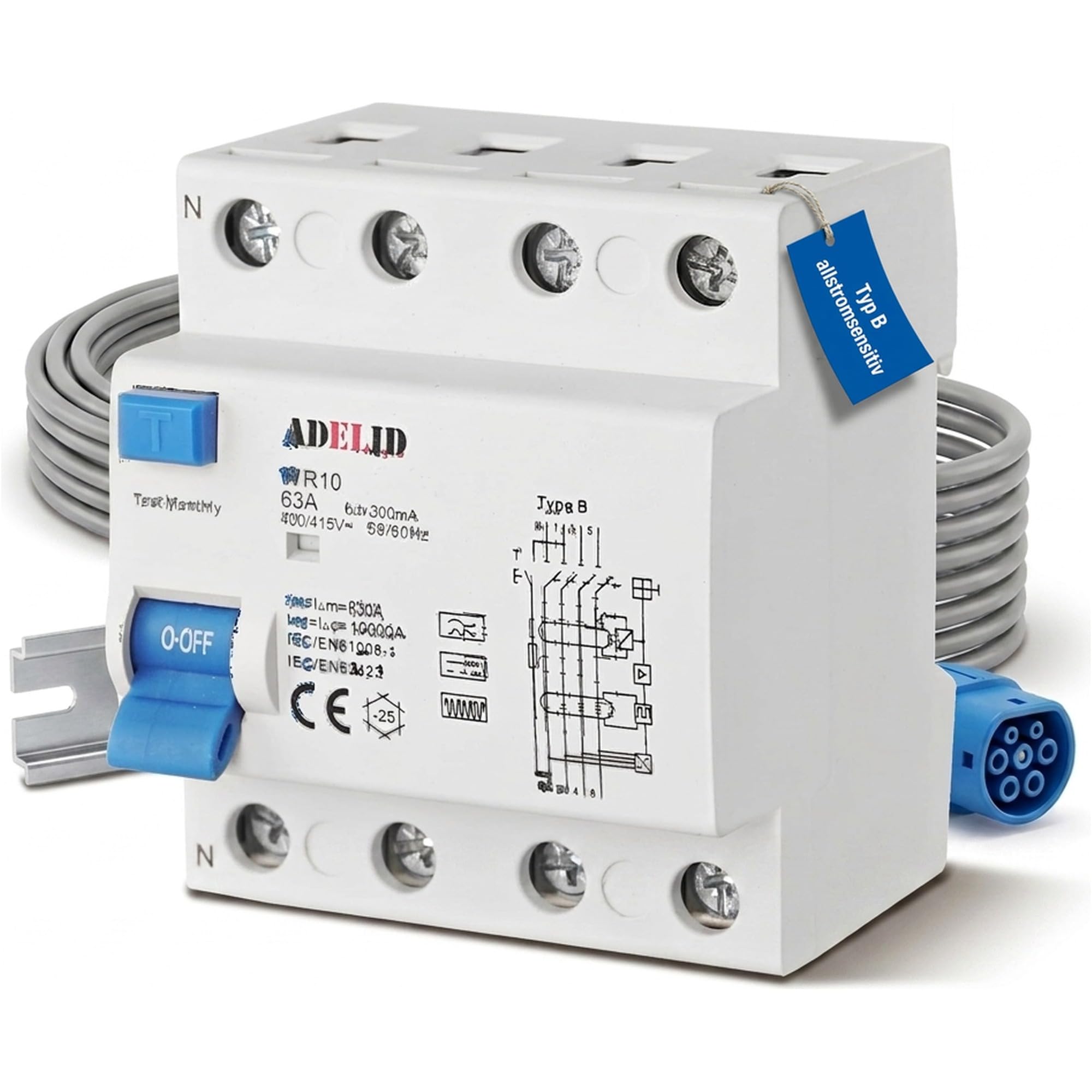 Fehlerstromschutzschalter Typ B 63A 300mA 4-polig | 10kA Kurzschlussfestigkeit | Allstromsensitiv RCD FI-Schalter | 400V 50/60Hz | CE IEC 61008-1 DIN-Schiene Montage