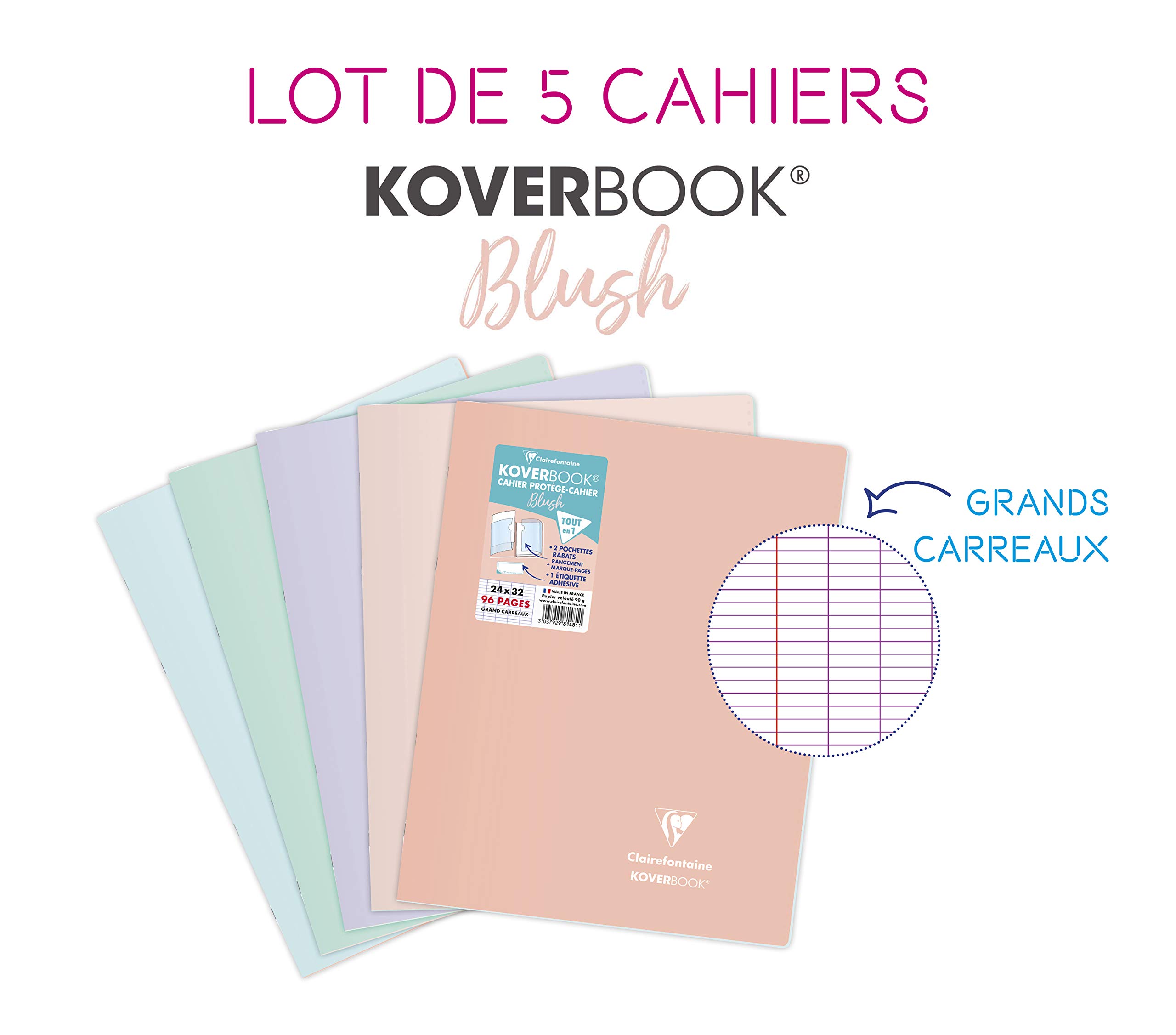 Clairefontaine 981481AMZC - Lote de 5 Cuadernos Grapados Koverbook Blush - 24x32 cm - 96 Páginas Cuadrados - Papel Blanco de 90 g - Cubierta de Polipropileno Opaco - Color Aleatorio
