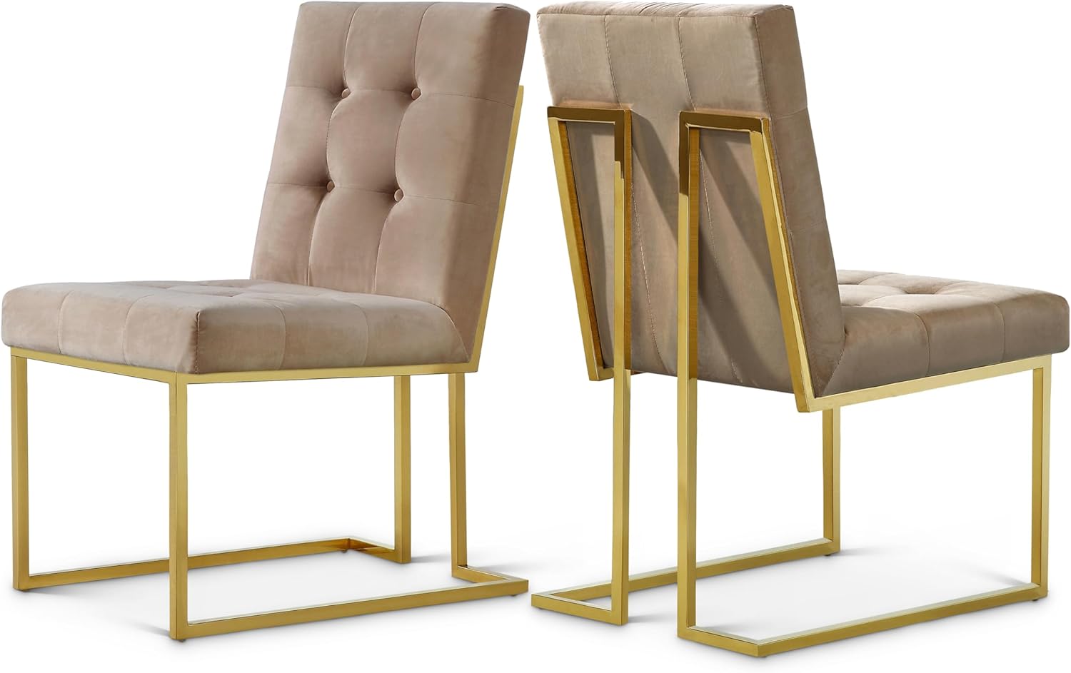 Meridian Furniture Pierre Collection Modern | Contemporary Velvet Dining Chair with Luxurious Deep Tufting and Polished Gold Metal Frame, Set of 2, Beige, 18.5" W x 25" D x 36.5" H