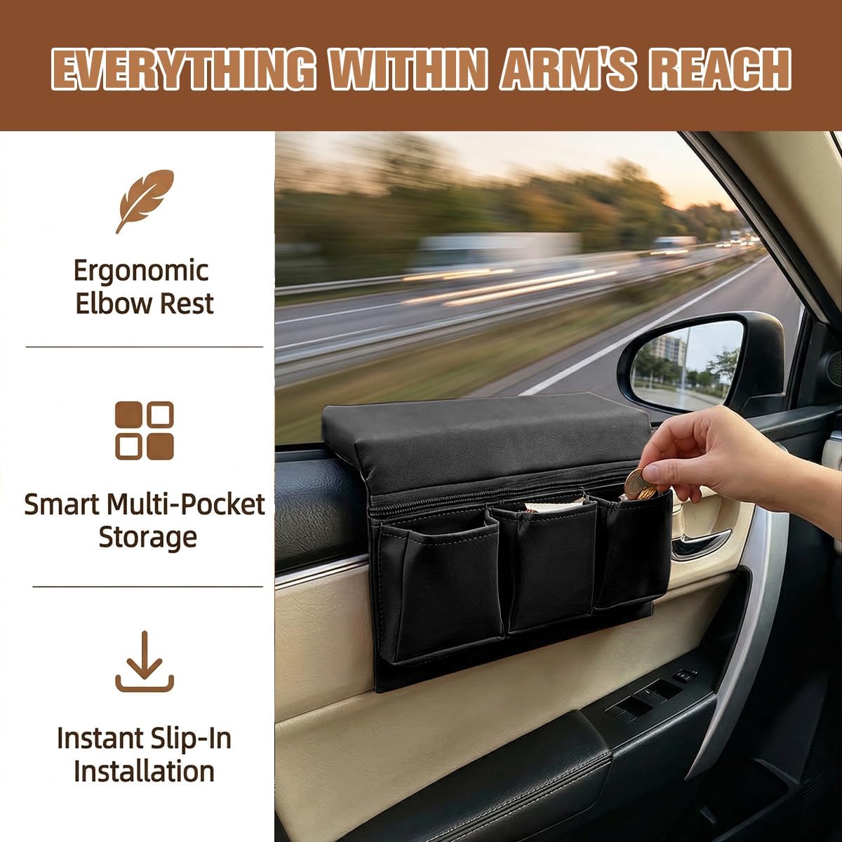 Car Window Armrest Storage Box, Multifunctional Leather Vehicle Door Side Elbow Rest Pad Organizer Bag, Auto Interior Window Door Arm Rest Mat Storage Pocket, Universal for Vehicles (Black) image 5