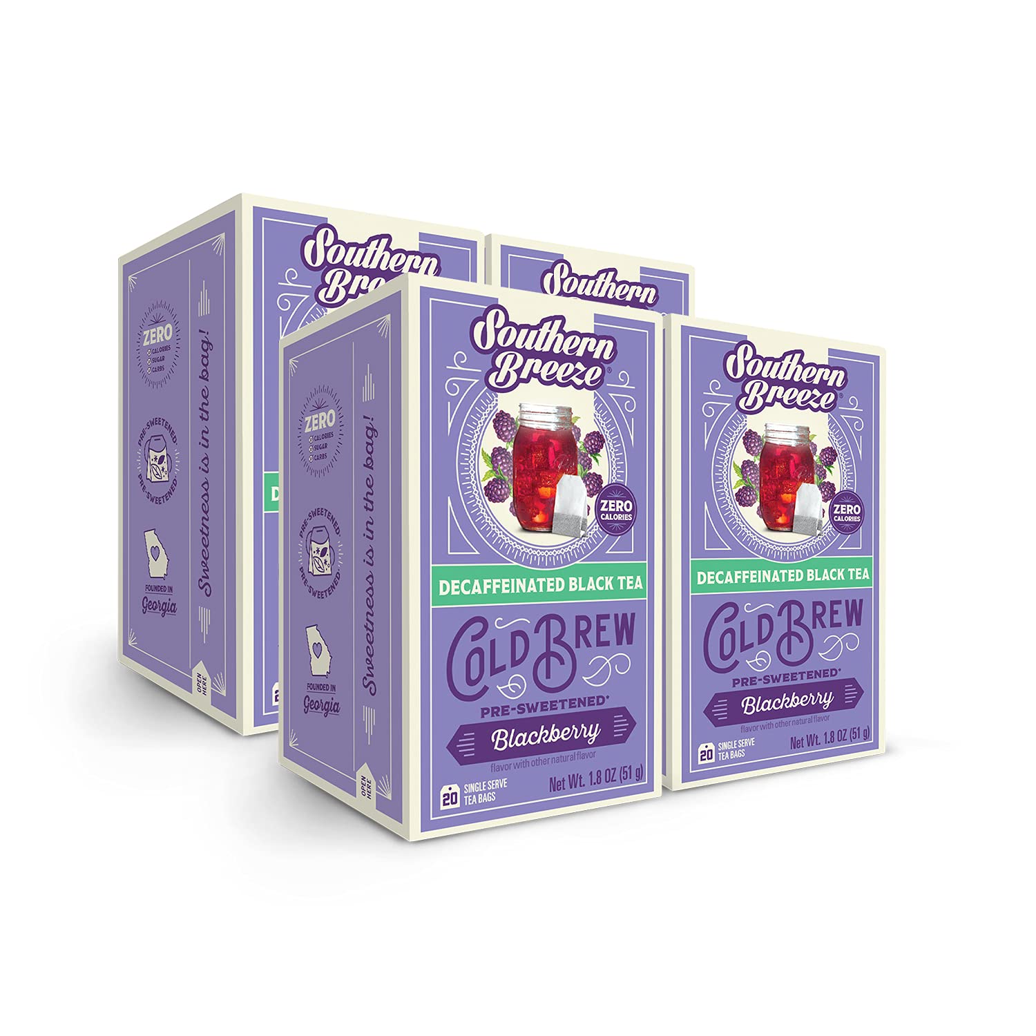 Southern Breeze Decaf Cold Brew Sweet Tea Blackberry Iced Tea with Black Tea and Zero Carbs Zero Sugar, 20 Individually Wrapped Tea Bags, Pack of 4