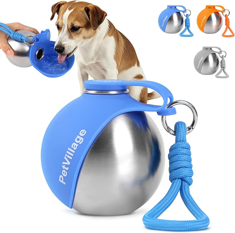 Botella de agua para perros 2 en 1 con recipiente plegable, dispensador de agua portátil a prueba de fugas para mascotas, botella de hidratación para perros de acero inoxidable para caminar, senderismo, perros pequeños y cachorros, azul 10 oz