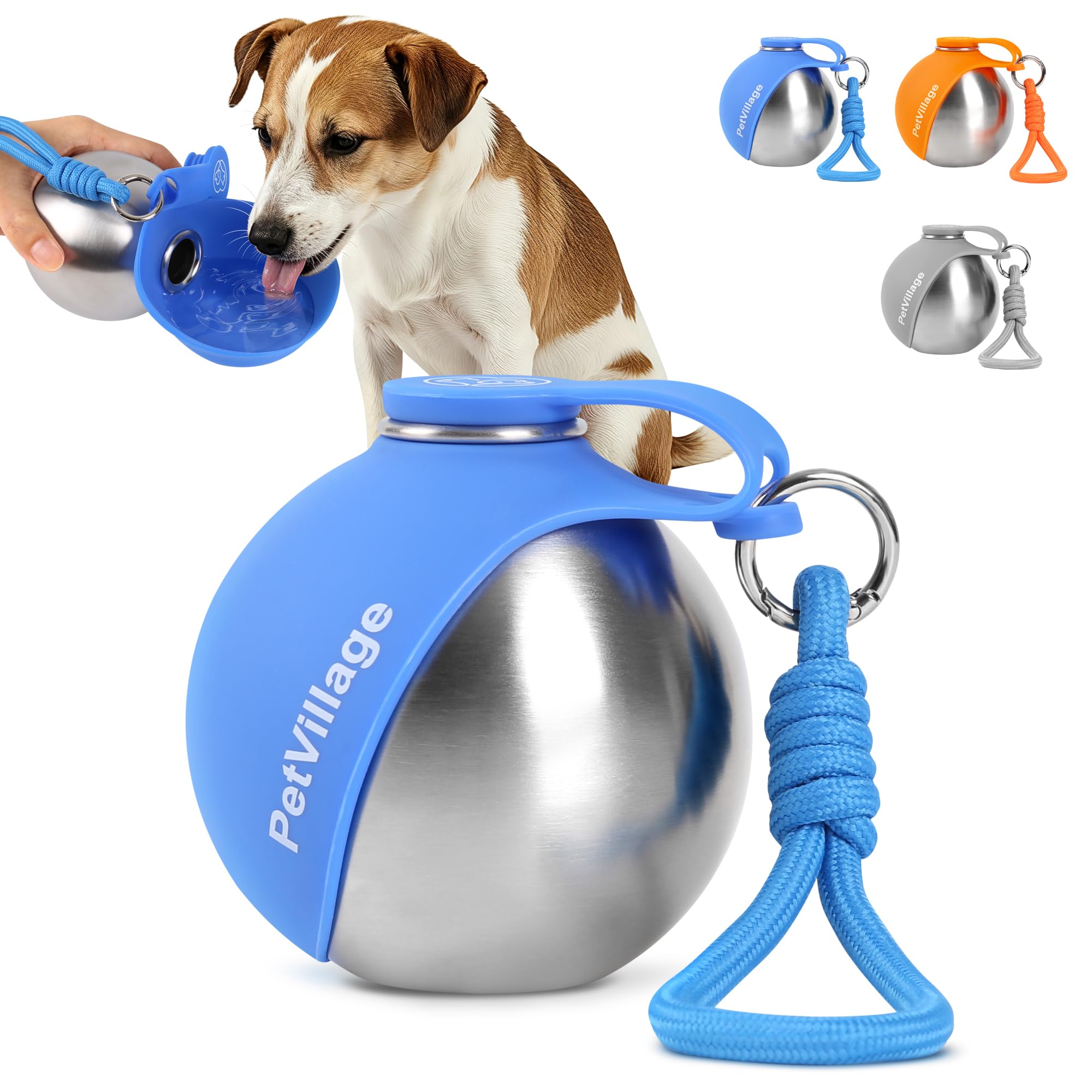 2-in-1 Dog Water Bottle with Foldable Bowl, Portable Leak-Proof Pet Travel Water Dispenser, Stainless Steel Dog Hydration Bottle for Walking, Hiking, Small Dogs &amp; Puppies, PawSip Blue 10oz
