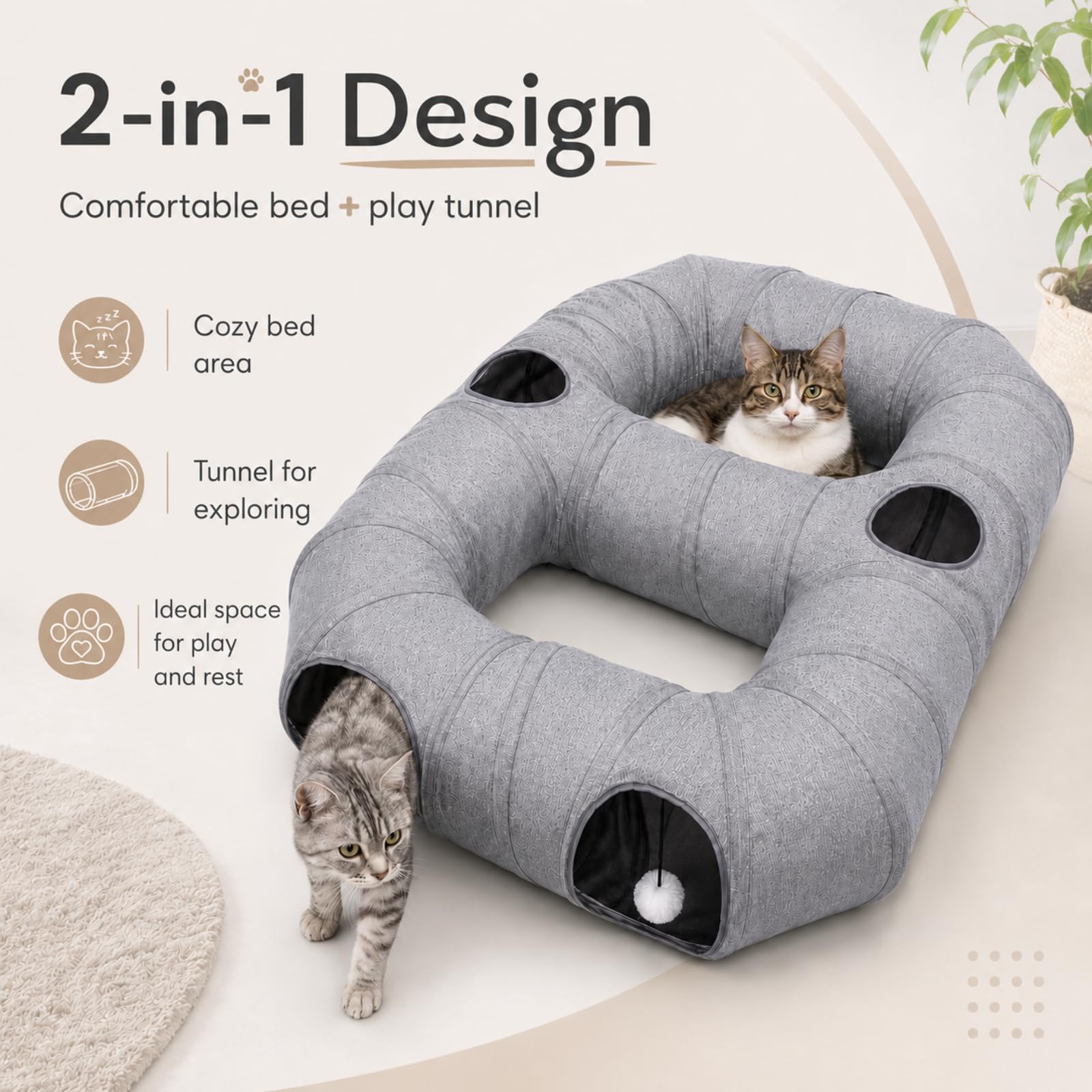 Katzentunnelbett Katzentunnel 2 in 1 Plüsch mit hängendem Ball Faltbares Haustier Spielzeug für Indoor und Outdoor Spaß Bett