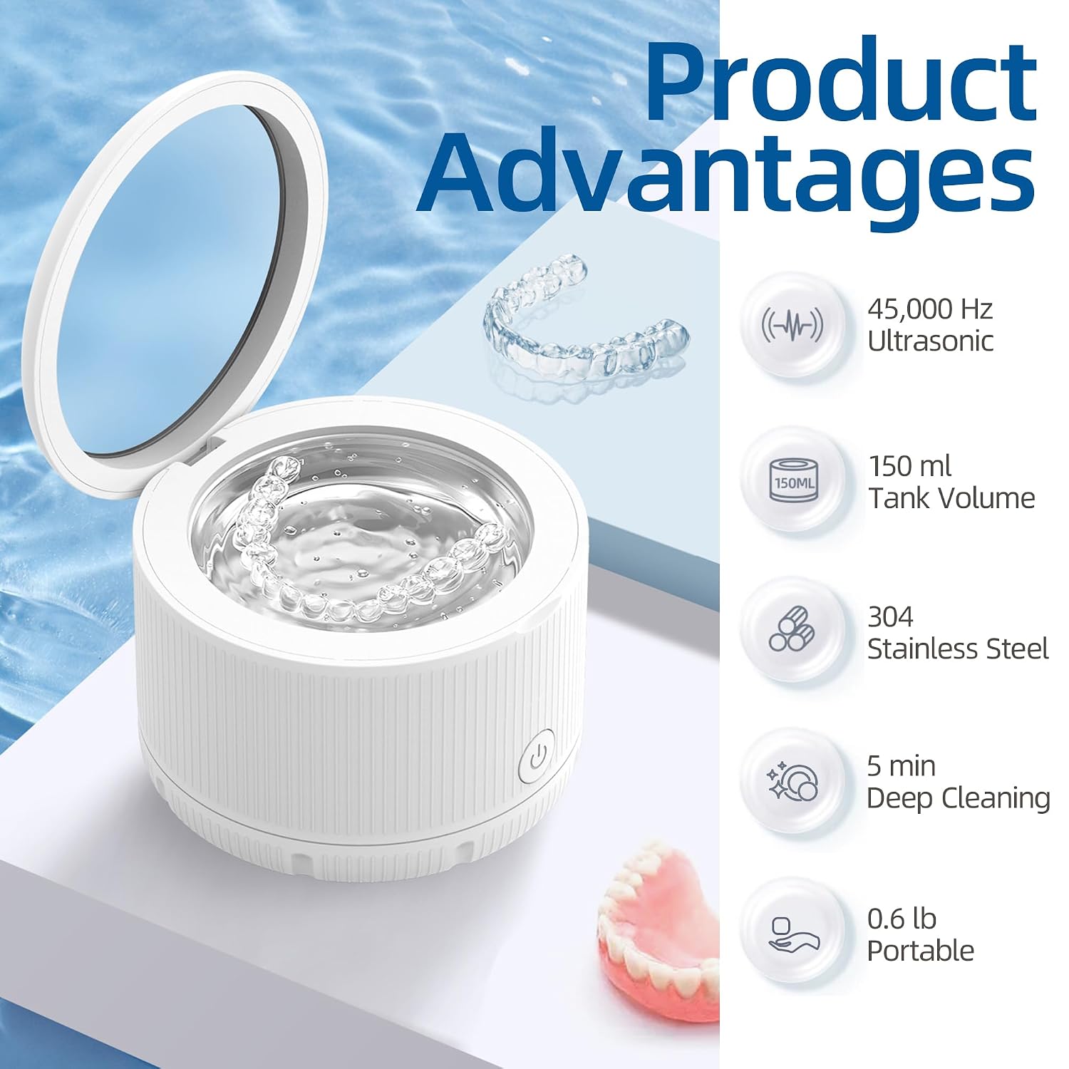 45kHz Ultrasonic Retainer Cleaner Machine, Ultrasonic Cleaner for Cleaning Orthodontic Appliances, Braces, Toothbrushes, Jewelry (150ML, White)