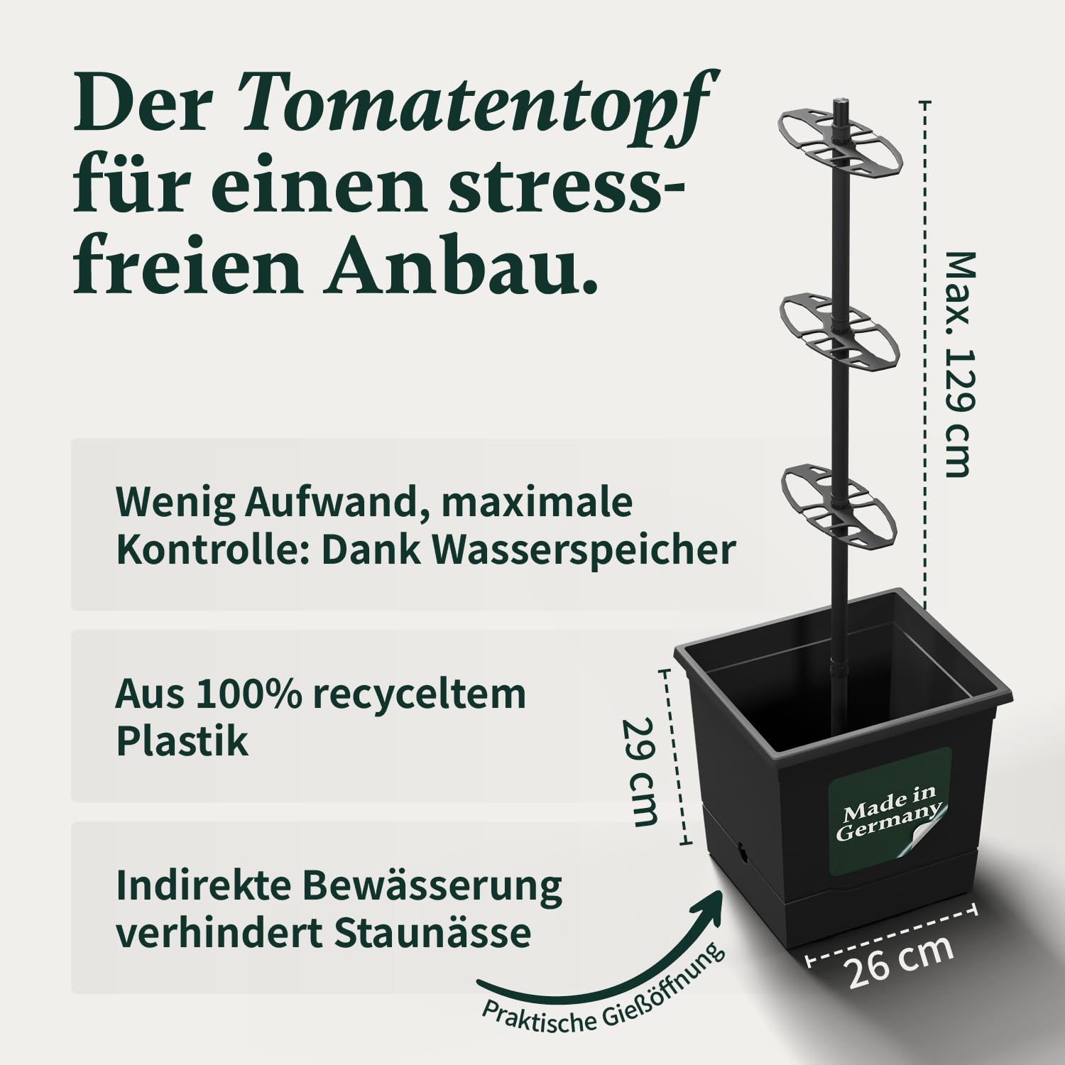 VERDOBA Tomatentopf mit Rankhilfe - Tomatentopf mit 3,5L Wasserspeicher zur Selbstbewässerung - in Deutschland produzierter Tomatenturm aus recycelten Material - Pflanzkübel für Tomaten Anzucht