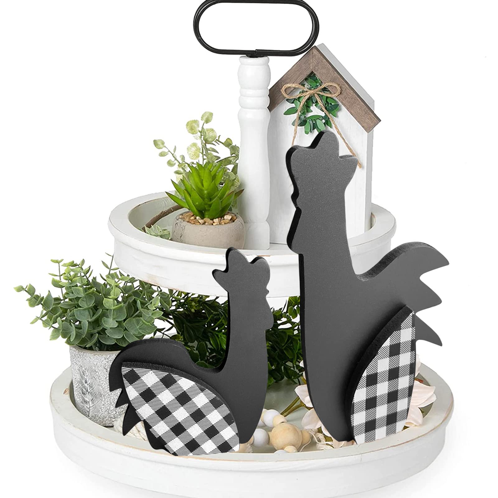 2PCS Rrooster Decor,Rooster Shape Animal Wood Sign for Tiered Tray Decor,Farm Animal Decor Farmhouse Rooster Signs Home Decor for Rooster Kitchen Decor Tray Decor Items Wall Decor Home Decorations