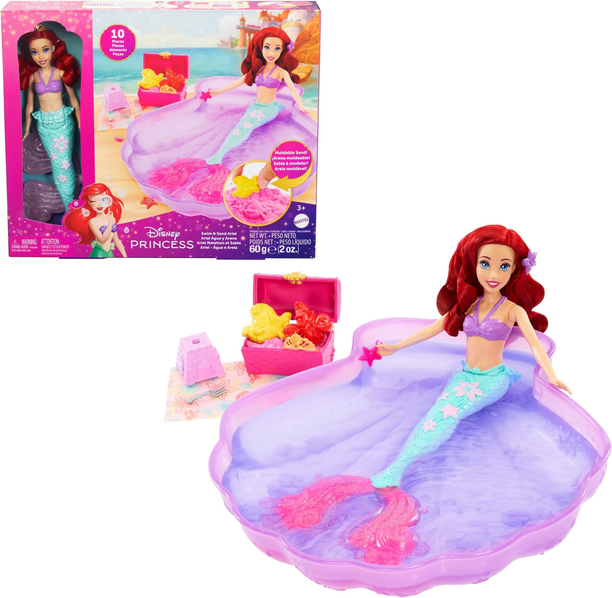 Mattel Disney Princess Toys, Ariel Mermaid Doll & Pool Set with Moldable Sand, 3 Molds & 6 Accessories, Inspired by The Little Mermaid Movie