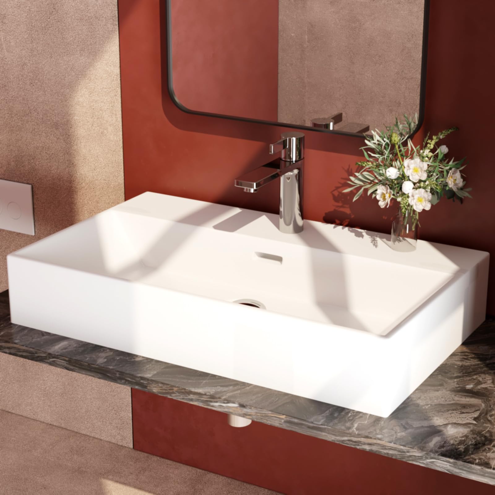 EMKE Waschbecken Eckiges Design Handwaschbecken, Hochwertige Keramik Hängewaschbecken mit dünnem Rand, Waschtisch Für Badezimmer Gäste-WC (600x360x130mm, Weiß)