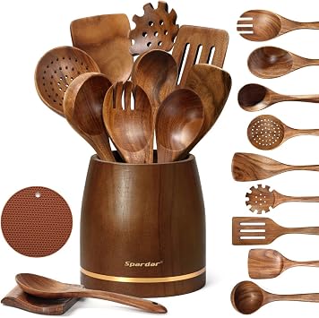 Spardar 12 PCS Wooden Utensil Set, Natural Teak, with 9 Wooden Utensils