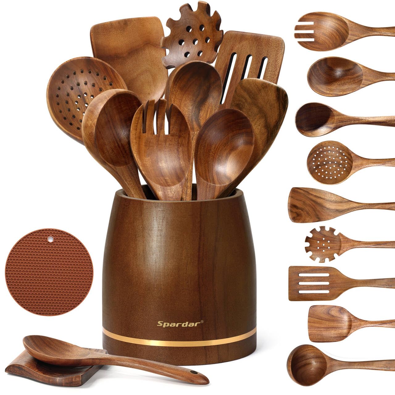 Spardar Küchenutensilien Holz, 12-Teiliges Set Holzlöffel Set mit 9 Kochlöffel aus Teakholz, Löffelablage, 5,7-Zoll-Utensilienhalter und Topflappen als Küchendeko und Einweihungsgeschenk