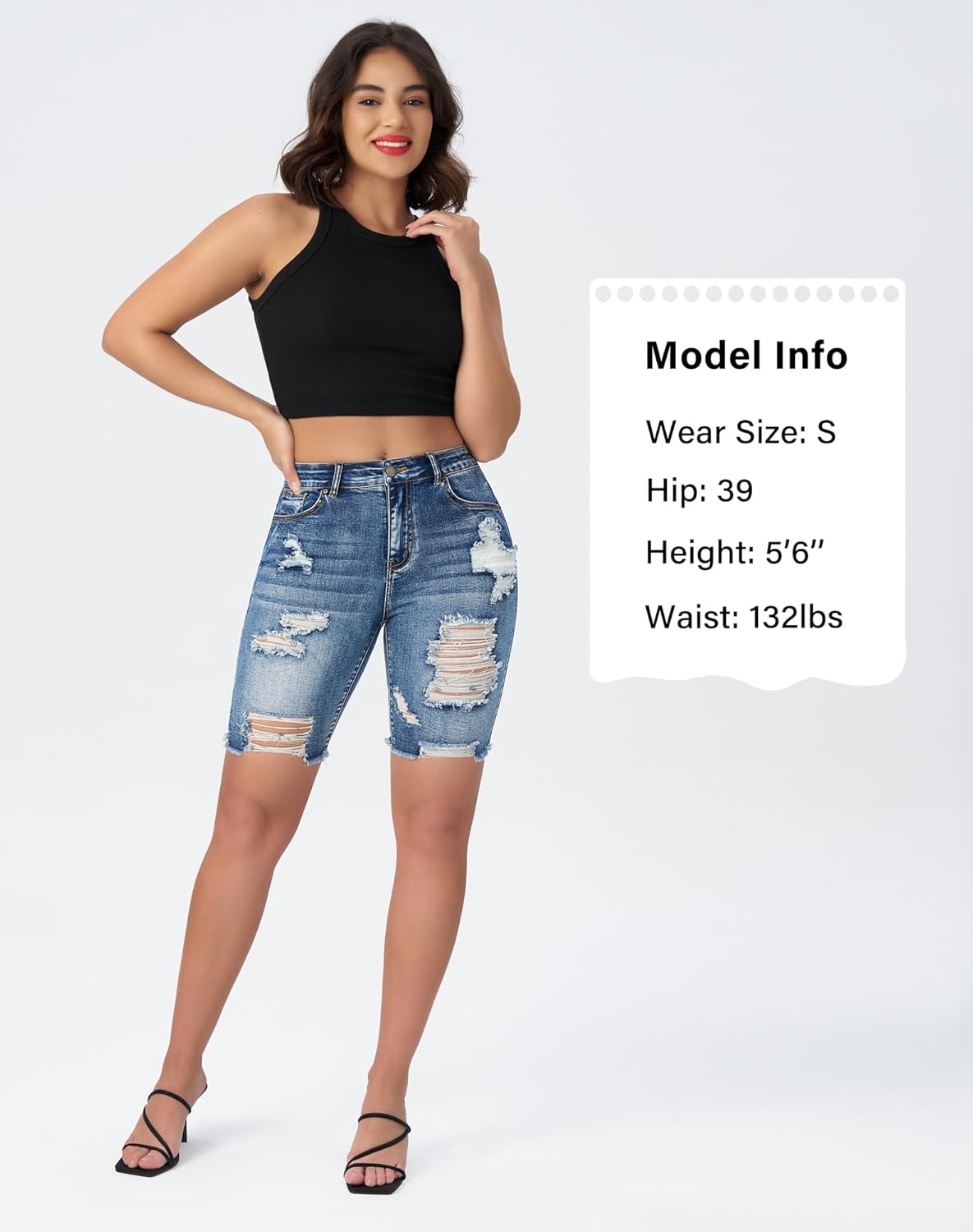 roswear Women Ripped Bermuda Denim Shorts Stretchy High Waisted Jean Shorts Knee Length - Image 4