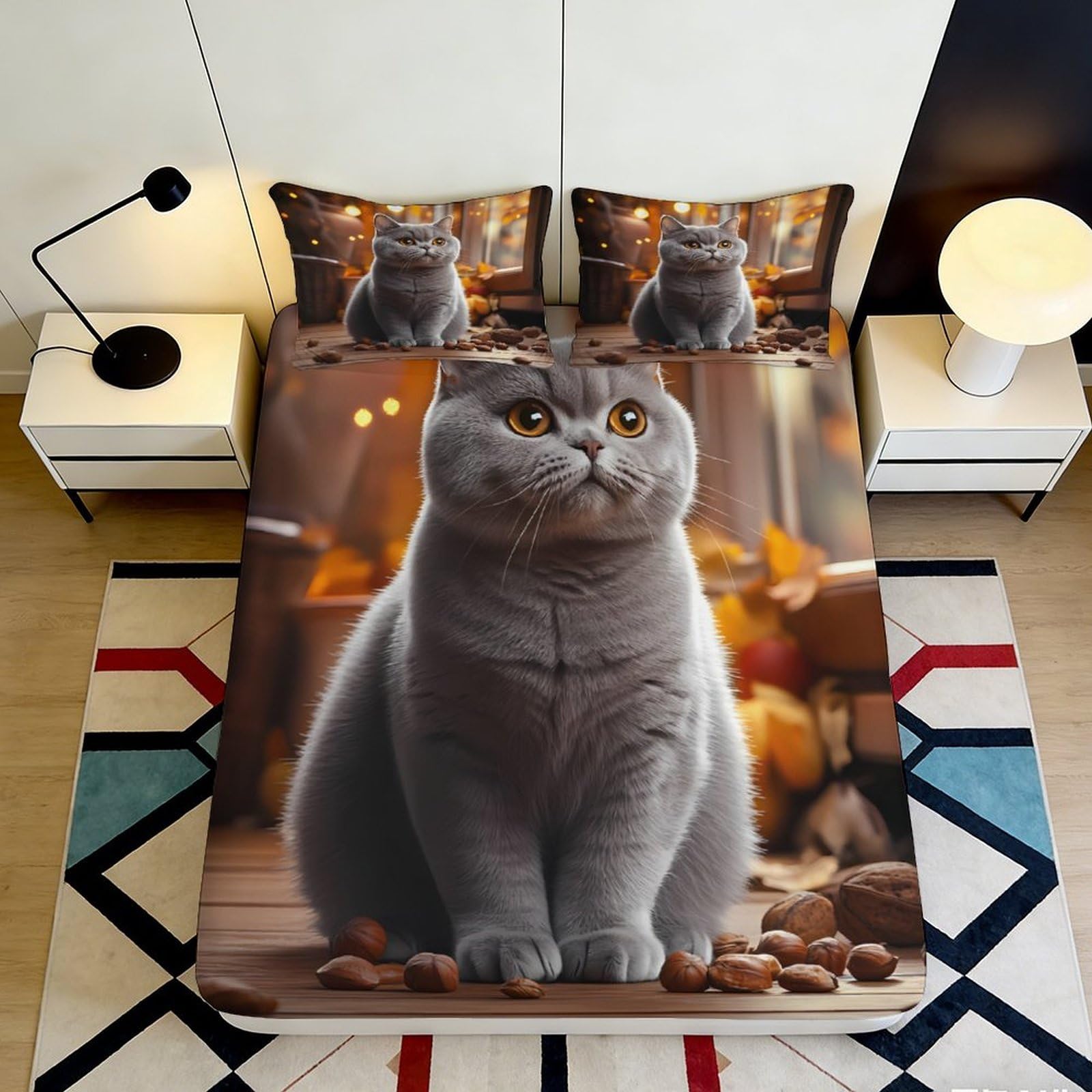 Uynsixtme Style-7 3D Printed Cat Pattern Fitted Sheet Microfiber Non-Slip Deep Pocket Cat Mattress Fitted Cover Washable For Bedroom 90X200x25cm