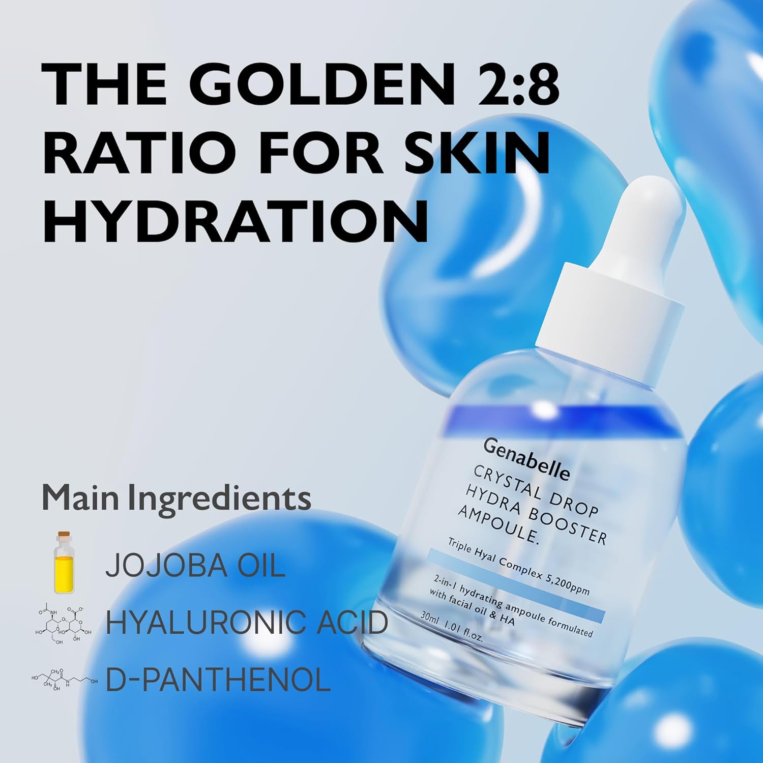 Genabelle Crystal Drop Hydra Booster Ampoule – Hydrating Serum with Hyaluronic Acid, Panthenol & Jojoba Oil for Skin Barrier and Glow – 1.01 fl.oz - Image 3