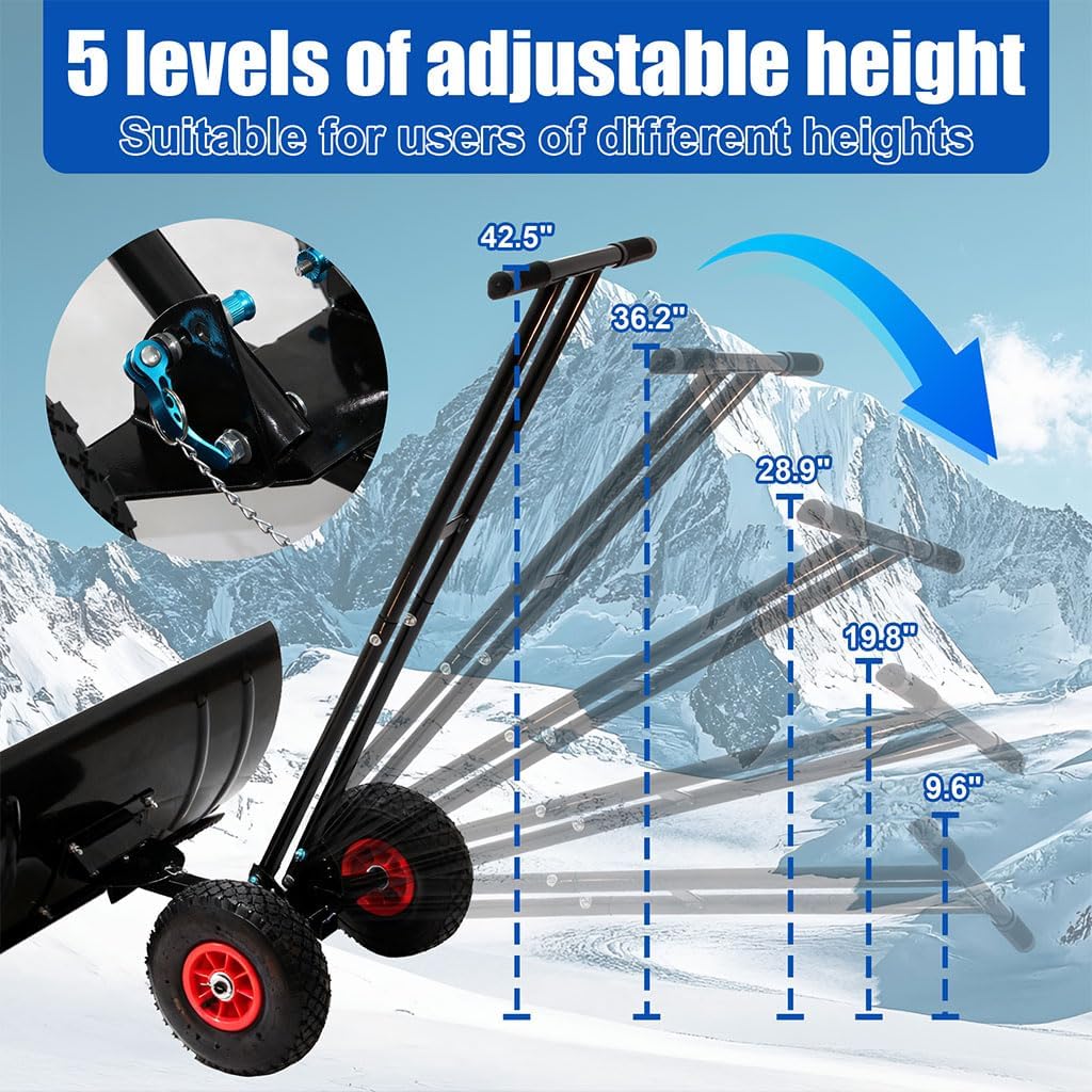 Heavy-Duty Snow Shovel with Wheels, 30" Wide Metal Snow Pusher with Adjustable Height & Angle Handle, Carbon Steel Blade, Ergonomic Double-Rod Design for Driveway, Sidewalk, and Path Snow Removal