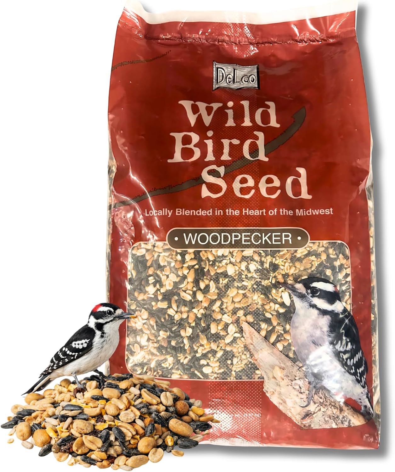 DeLco Woodpecker Wild Bird Seed, 20 lb Bag, High Energy Fruit & Nut with Sunflowers, Attracts Woodpeckers, Cardinals, Jays & Chickadees, Midwest Blended