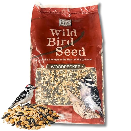 DeLco Woodpecker Wild Bird Seed, 20 lb Bag, High Energy Fruit & Nut with Sunflowers, Attracts Woodpeckers, Cardinals, Jays & Chickadees, Midwest Blended