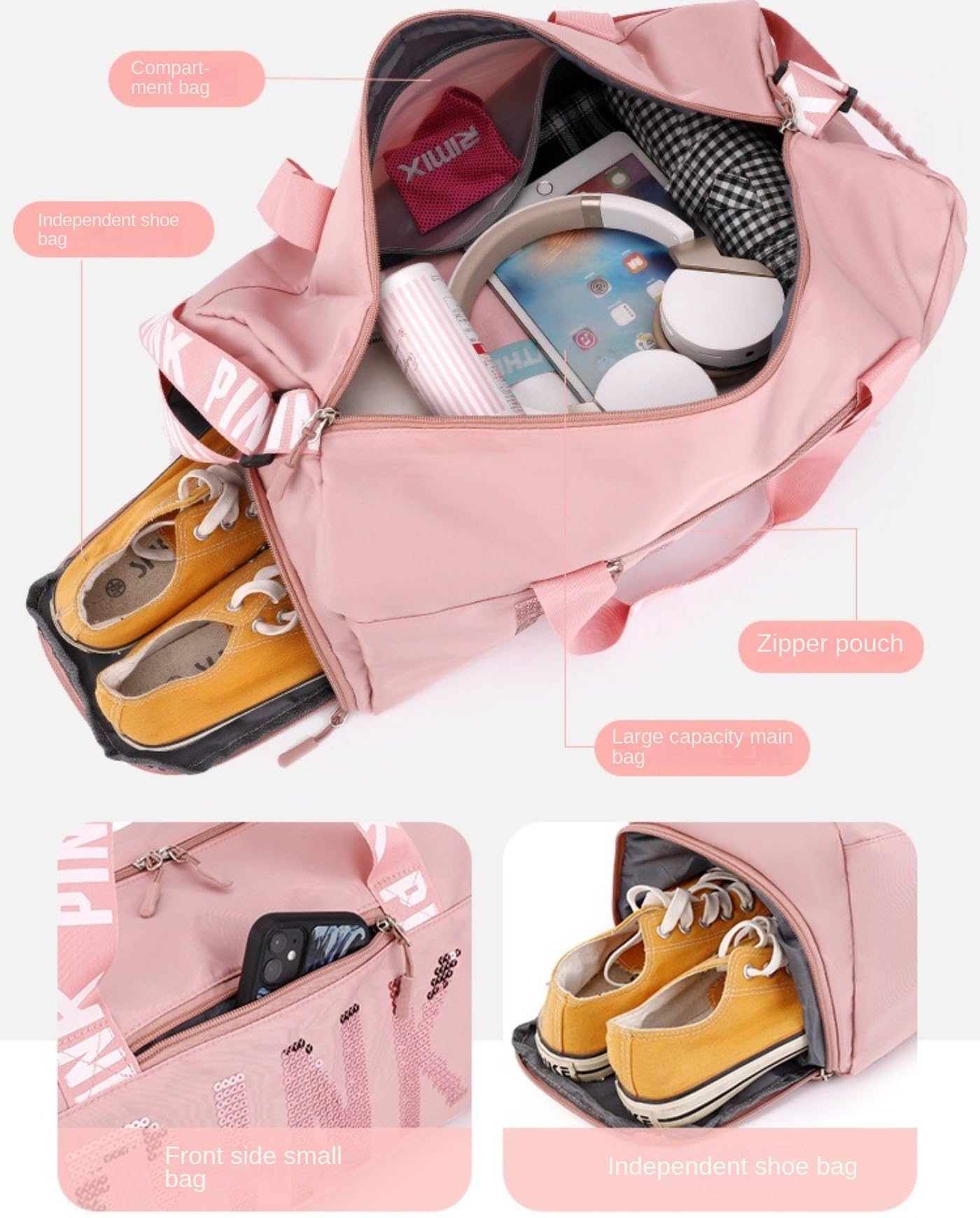 Sparkling Sequin Gym Bag - Yellow, Stylish And Casual Travel Duffel With Separate Shoe Compartment - Large Capacity Carry-on