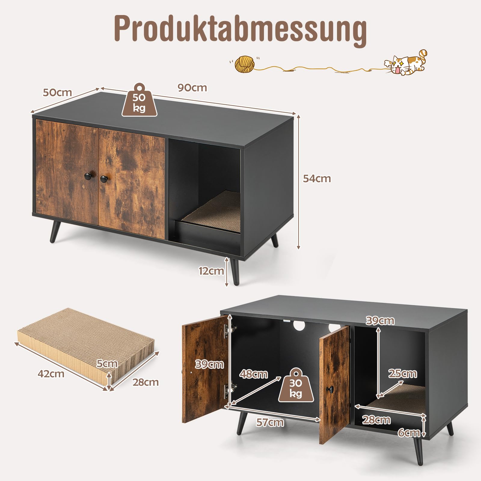 COSTWAY Katzenschrank für Katzentoilette, 2 in 1 Beistelltisch Katzenhaus, Katzenklo Schrank mit Kratzbrett & 2 Türen & Eingang, Katzenmöbel für Katzen Hunde Haustier, 90x50x54cm (Vintage)