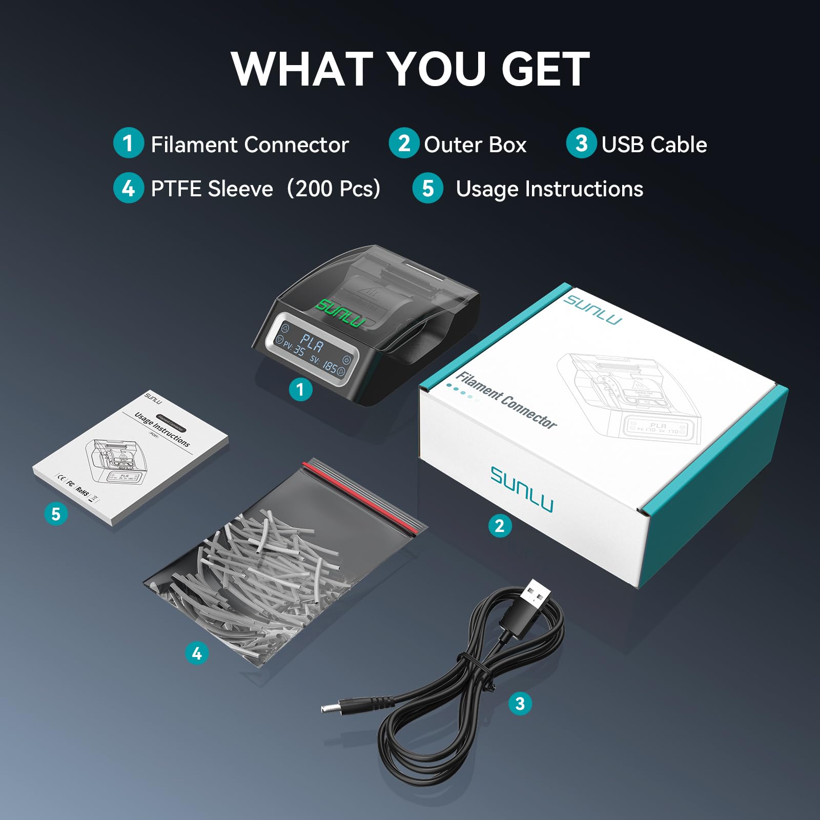 Filamento Connettore per Filamento di Stampante 3D da 1,75 mm, Filamento Connector con 200 Tubi in PTFE, Giuntatrice di Filamento Compatibile con SUNLU/Creality/Bambu Lab PLA PETG TPU ABS PA Nylon