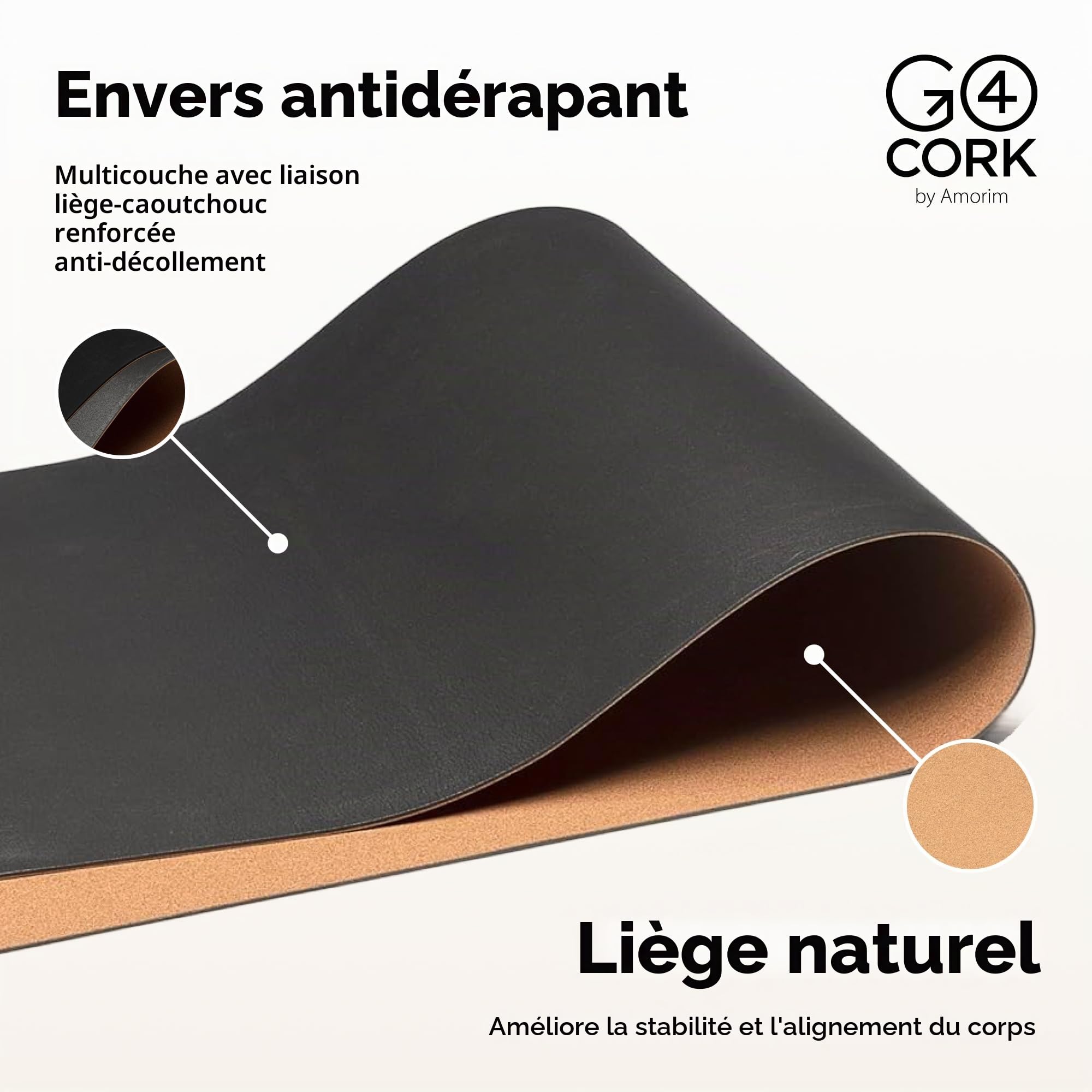 Go4Cork Tapis de Yoga Liège Antidérapant, Naturel/Noir, 195 x 65 x 0,4 cm | Grand & Écologique, Léger & Compact, pour le Sport à Domicile, Fitness, Pilates & Étirements