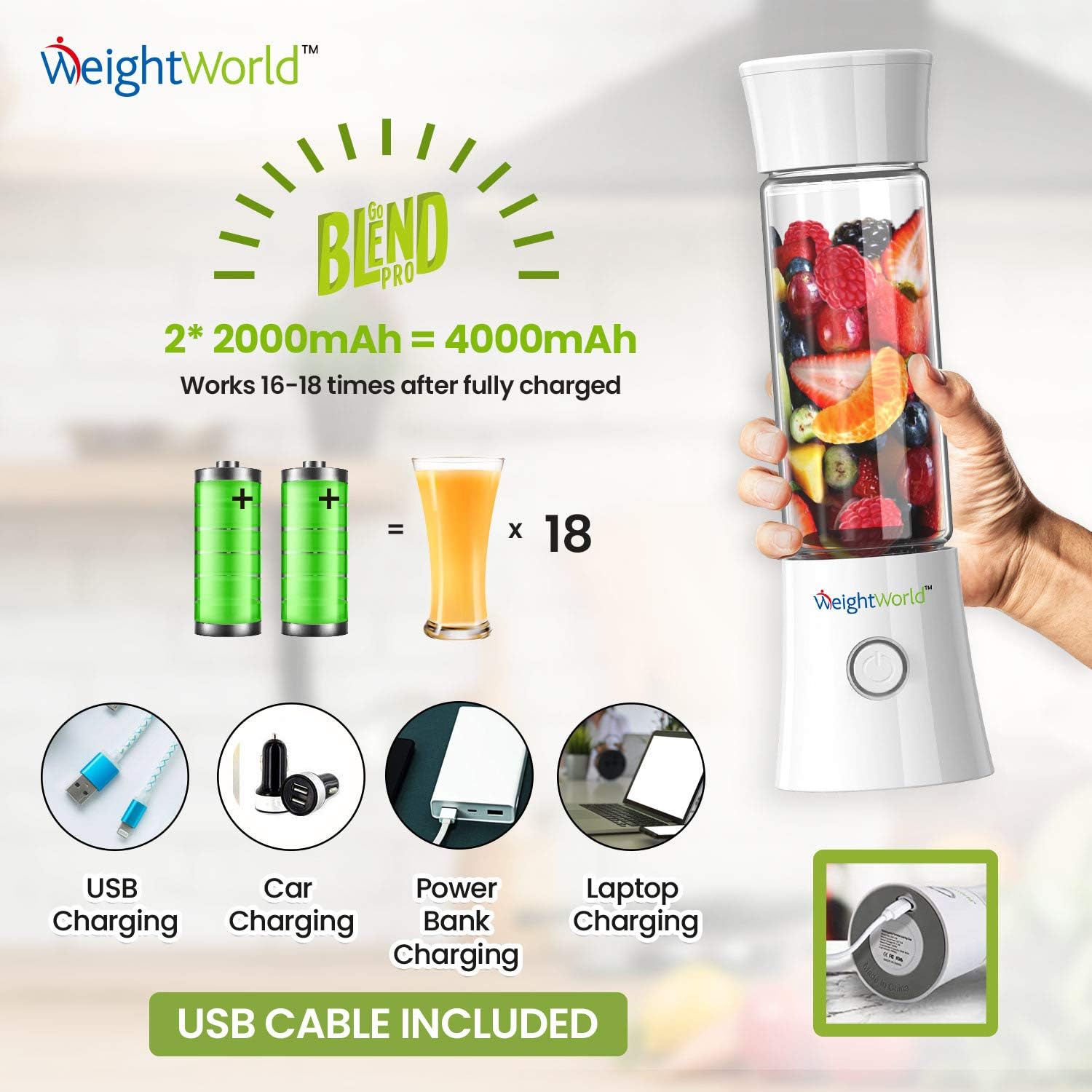 Image showing various USB charging options for the Go Blend Pro blender: USB charging, car charging, power bank charging, and laptop charging. It also indicates 4000mAh battery capacity and 16-18 uses per full charge.