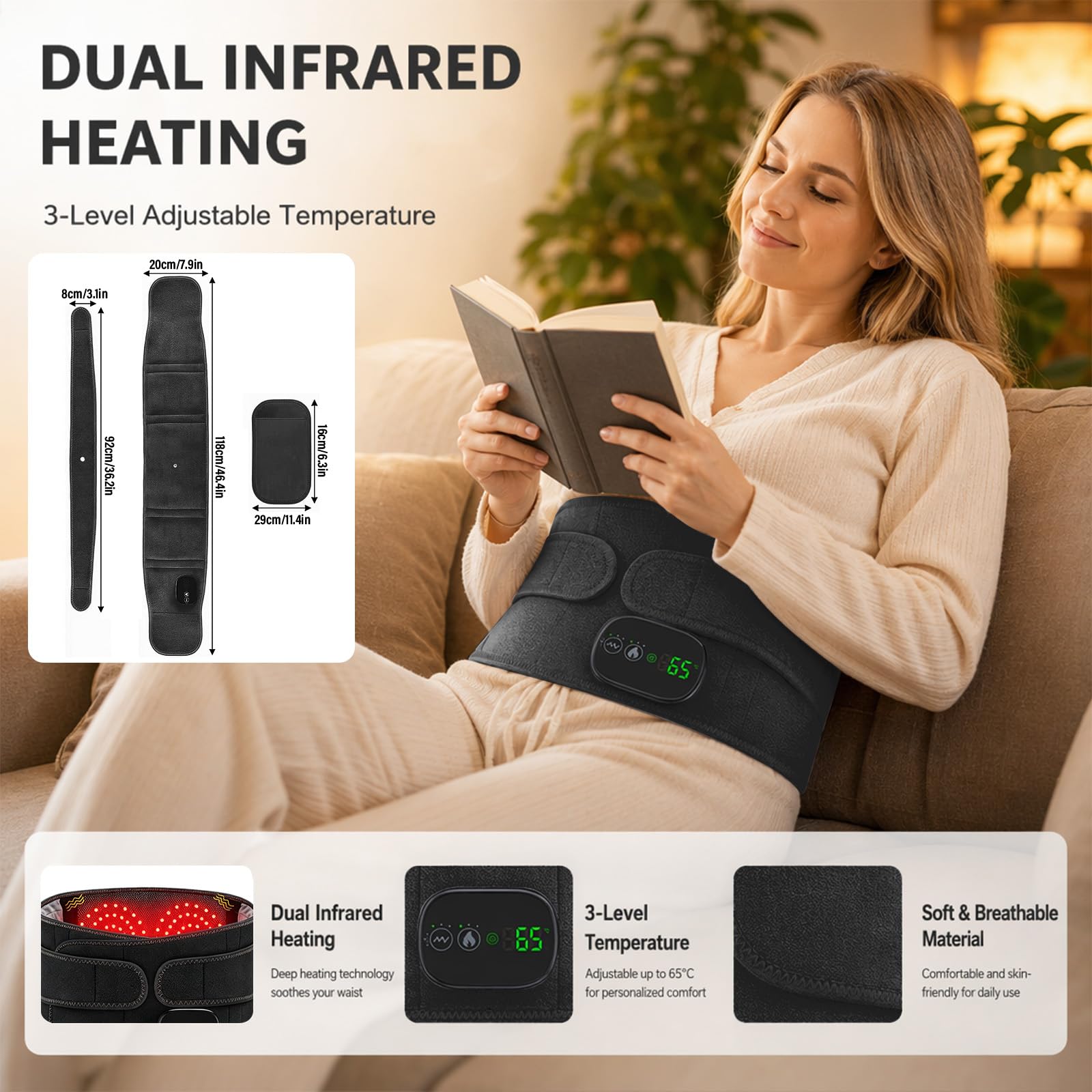 Cintura termica per la schiena, senza fili, con 3 livelli di calore e 3 livelli di vibrazione, batteria da 5000 mAh, touchscreen, scalda schiena, fascia massaggiante, cuscino riscaldante per alleviare