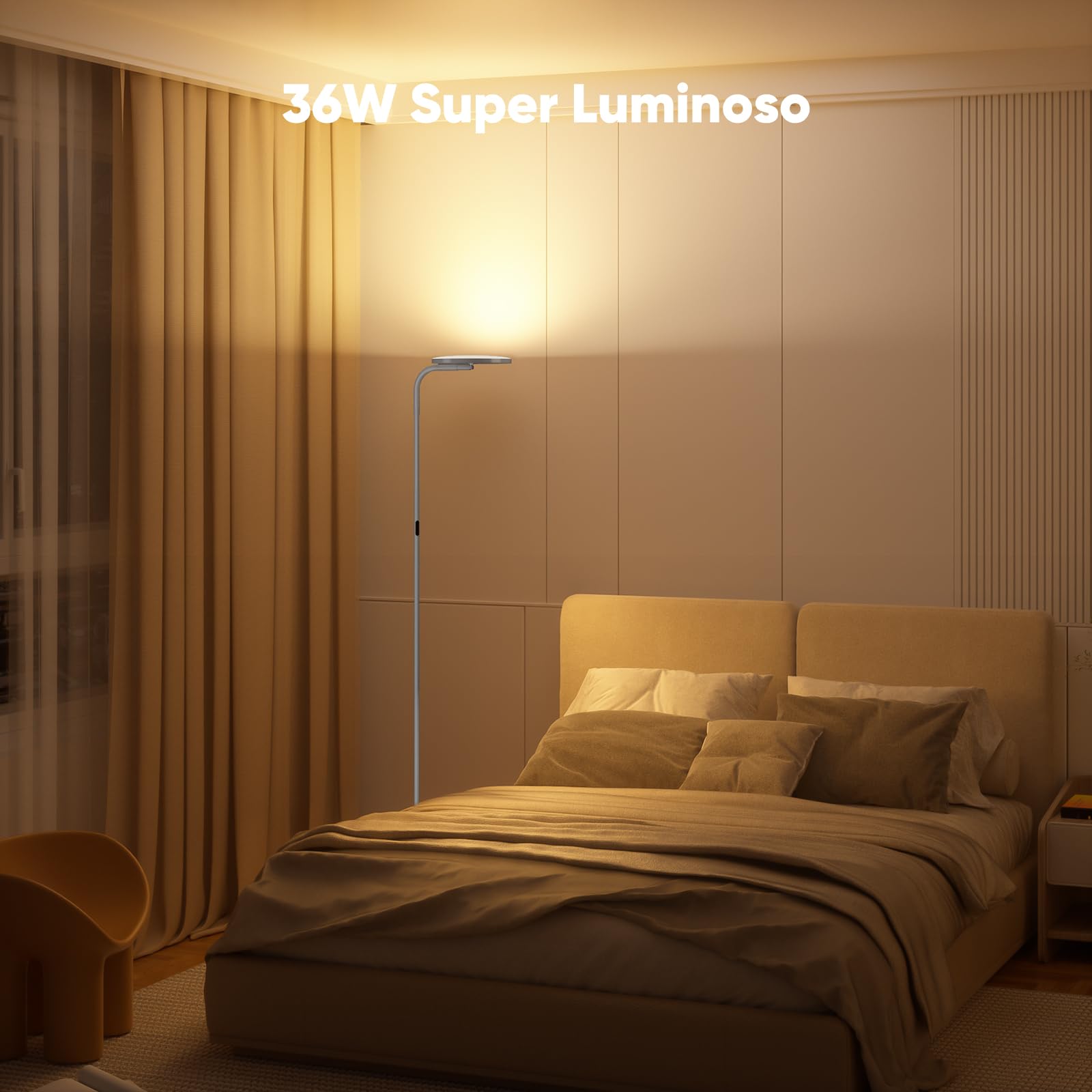 SIBRILLE Lampada da Terra Salotto, 36 W Super Luminosa, Moderna Piantana LED Dimmerabile con Telecomando, 2400LM 3000K-6000K Lampada da Lettura per Soggiorno, Camera da Letto, Ufficio, Argento