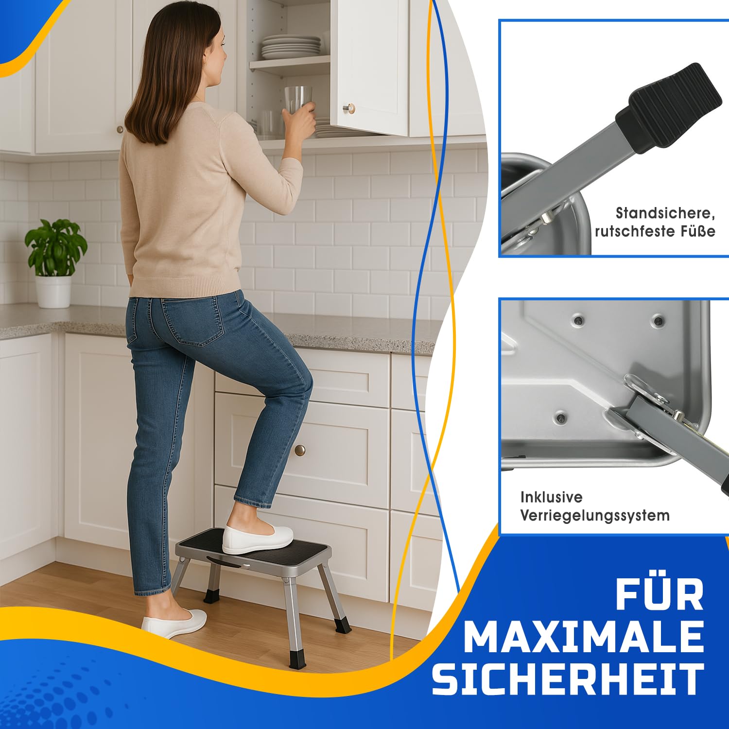 Pedana pieghevole per roulotte – Sgabello in acciaio fino a 150 kg – Pedana pieghevole antiscivolo da campeggio con piedini in gomma – Scaletta per camper, caravan, cucina – Certificazione EN14183