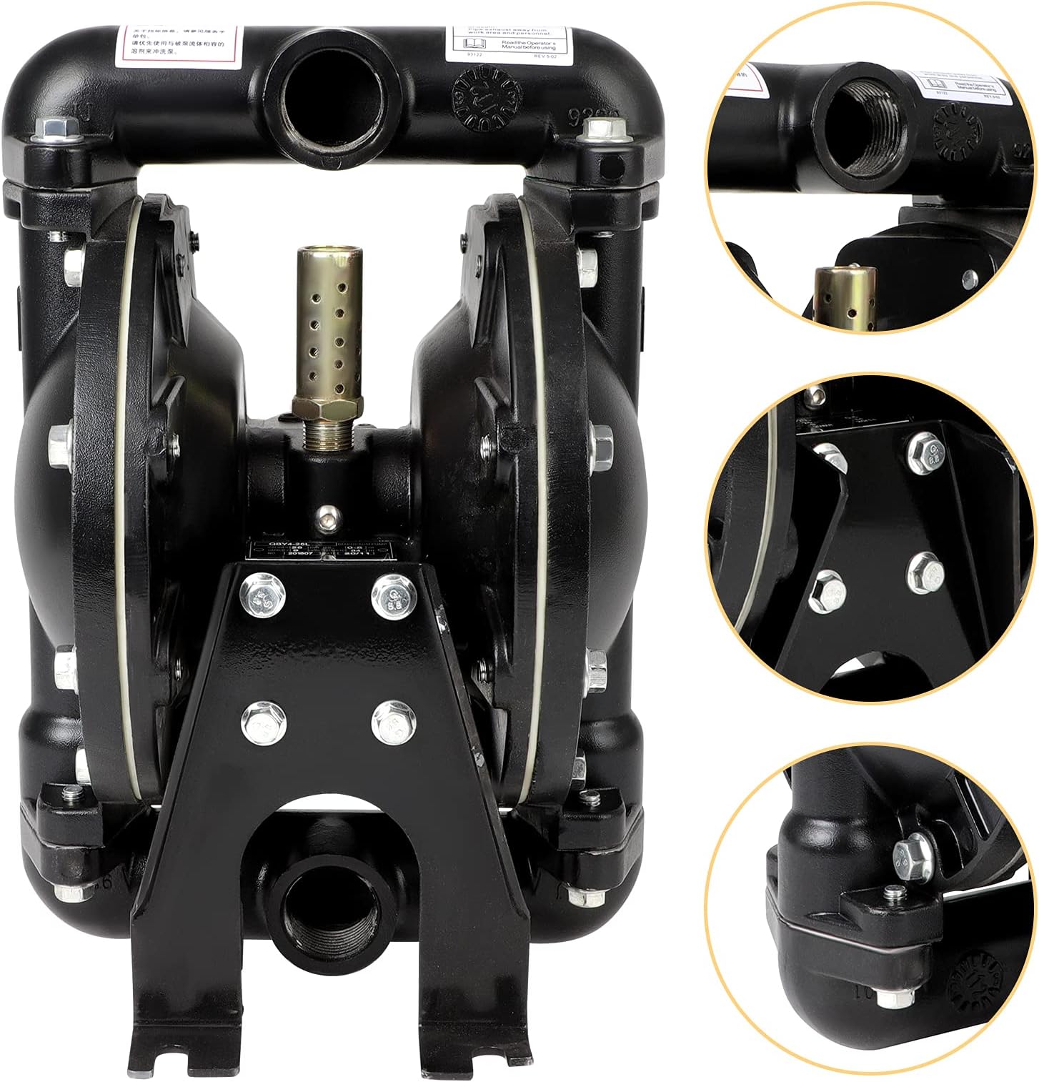 Air Operated Double Diaphragm Pump QBY4-25L 1 inch Outlet 35 GPM Pneumatic Transfer Max 120 PSI Industrial Use Chemical Waste Oil Dual Dissepiment Nitrile Fluorine Rubber by Cast Iron Aluminum Alloy