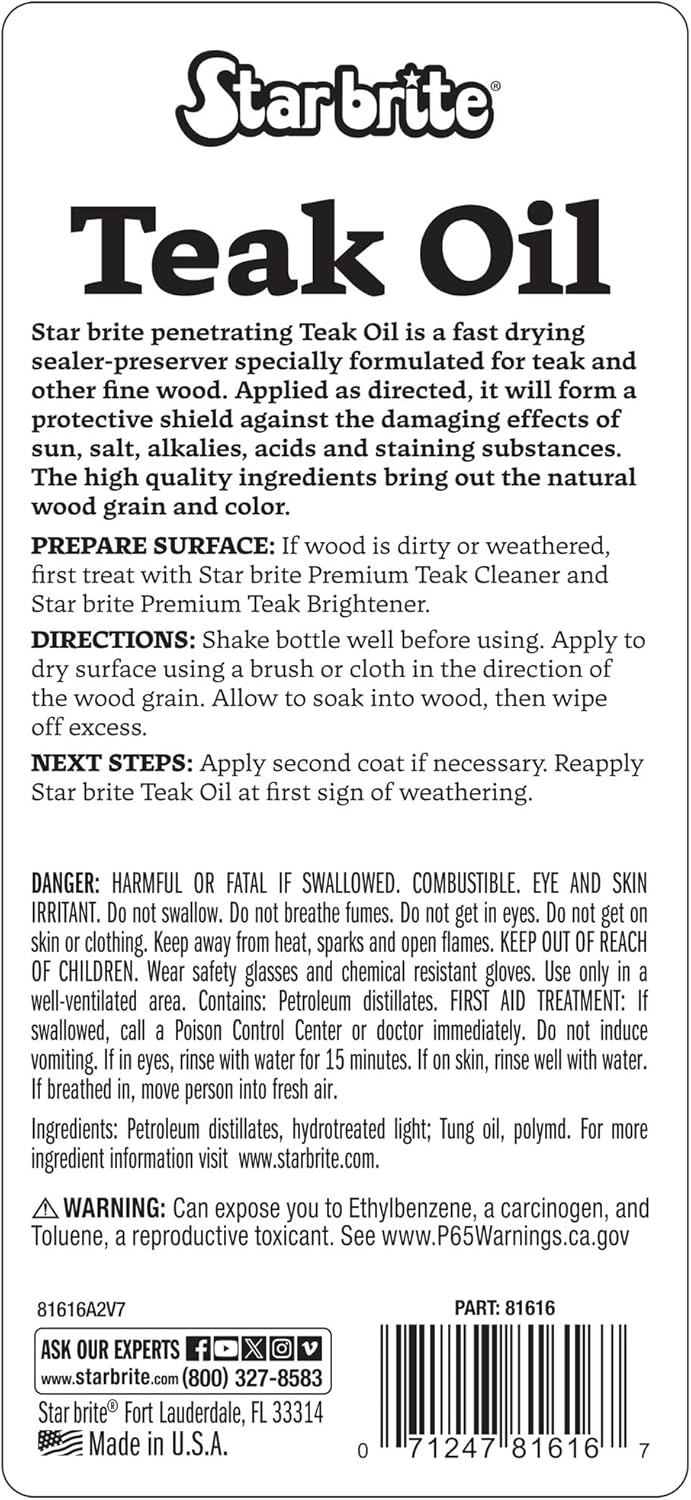 STAR BRITE Marine Grade Teak Oil - Long-Lasting, UV-Resistant Wood Sealer & Preserver With UV Protection for Boats, Outdoor Furniture & All Fine Wood