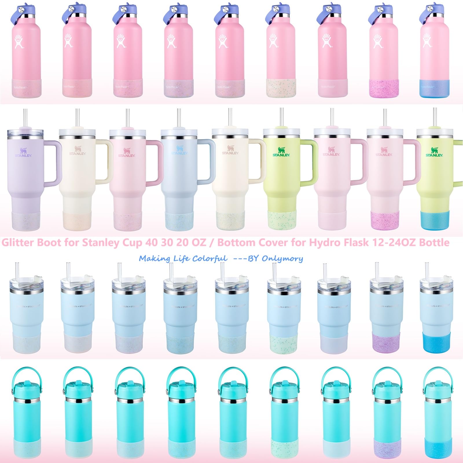 Onlymory Silicone Boot for 30 40 OZ Stanley Cup Accessories, Glitter Boots for Stanley 20OZ 30OZ Tumbler Ice-Flow 16OZ Bottle, Anti-Slip Bling Protector Bottom Cover Sleeve, Clear Light Pink
