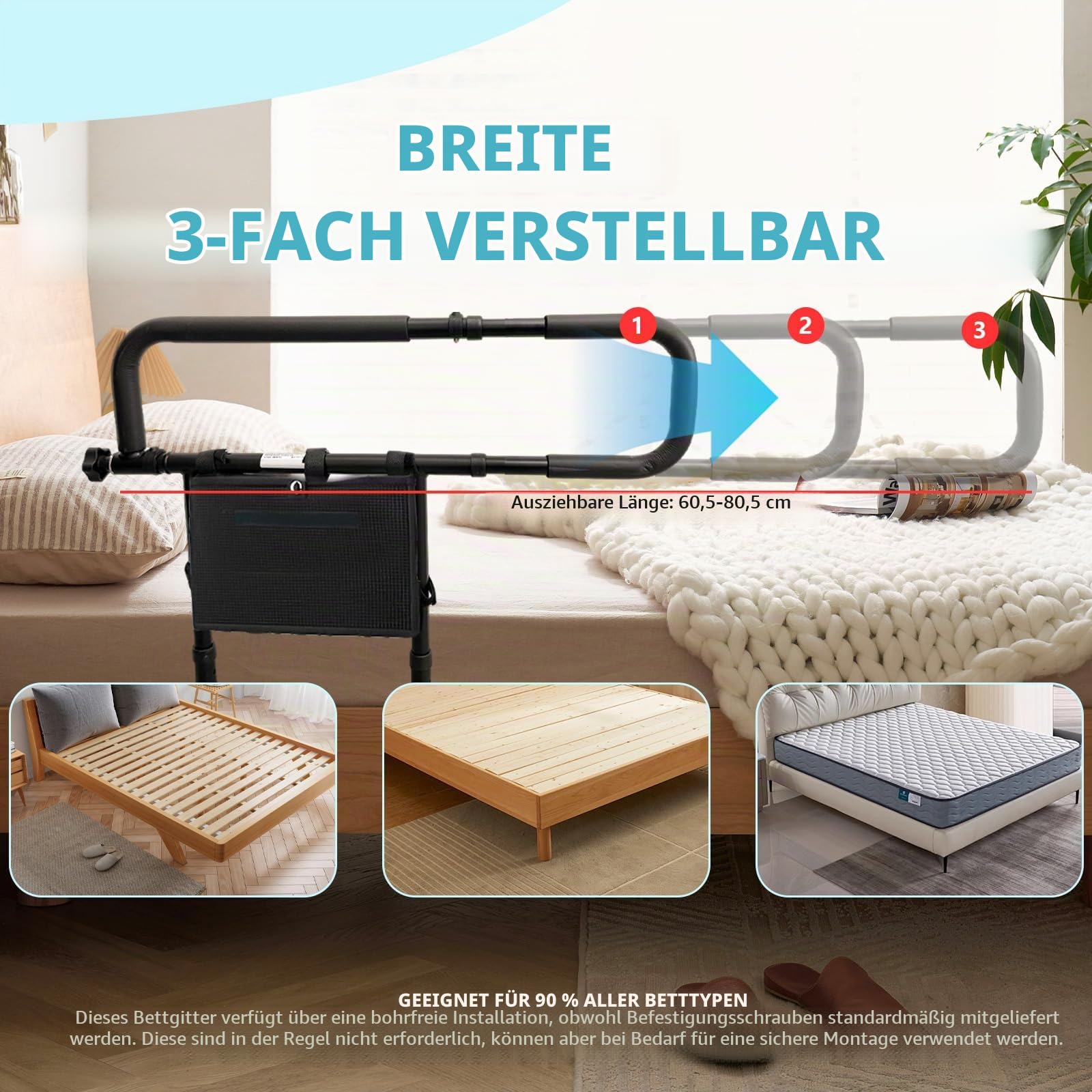 KATKLIU Bettgitter für Senioren – 60.5~80.5cm Langes Faltbares Bettgeländer mit Höhenverstellung – Sicherheitsstütze für Pflege, Genesung, Senioren, Einstiegs- und Aufstehhilfe