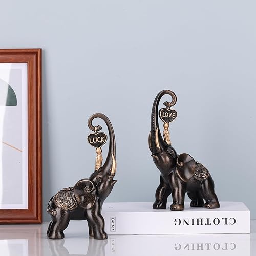 Miniatura 3 de Juego de 2 estatuas de elefante de bronce, escultura de elefante de amor, decoración de elefante de la suerte para estatuas de decoración del hogar,