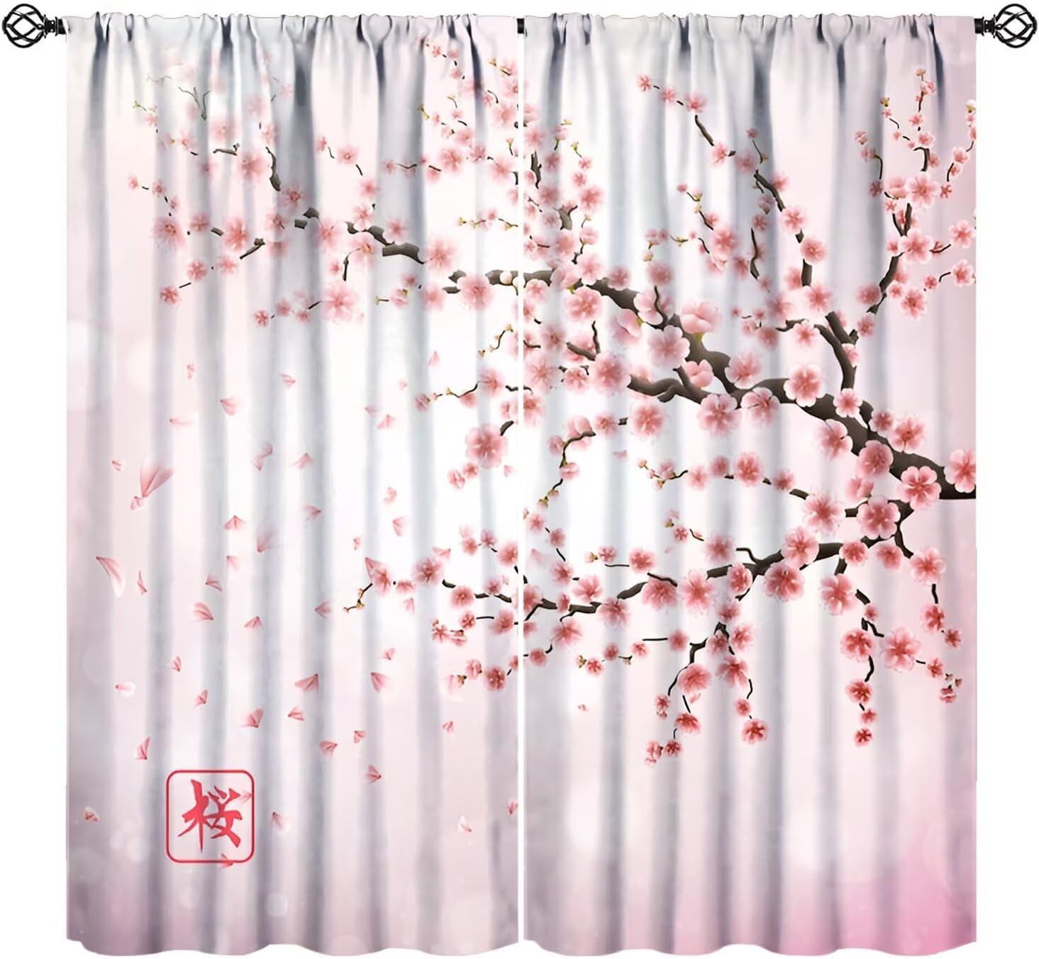 Pink Cherry Blossom Curtains for Girls, Japanese Cherry Branch Blooming Flowers Print Window Treatments for Bedroom Living Room Kitchen, 42x45in (No Blackout)