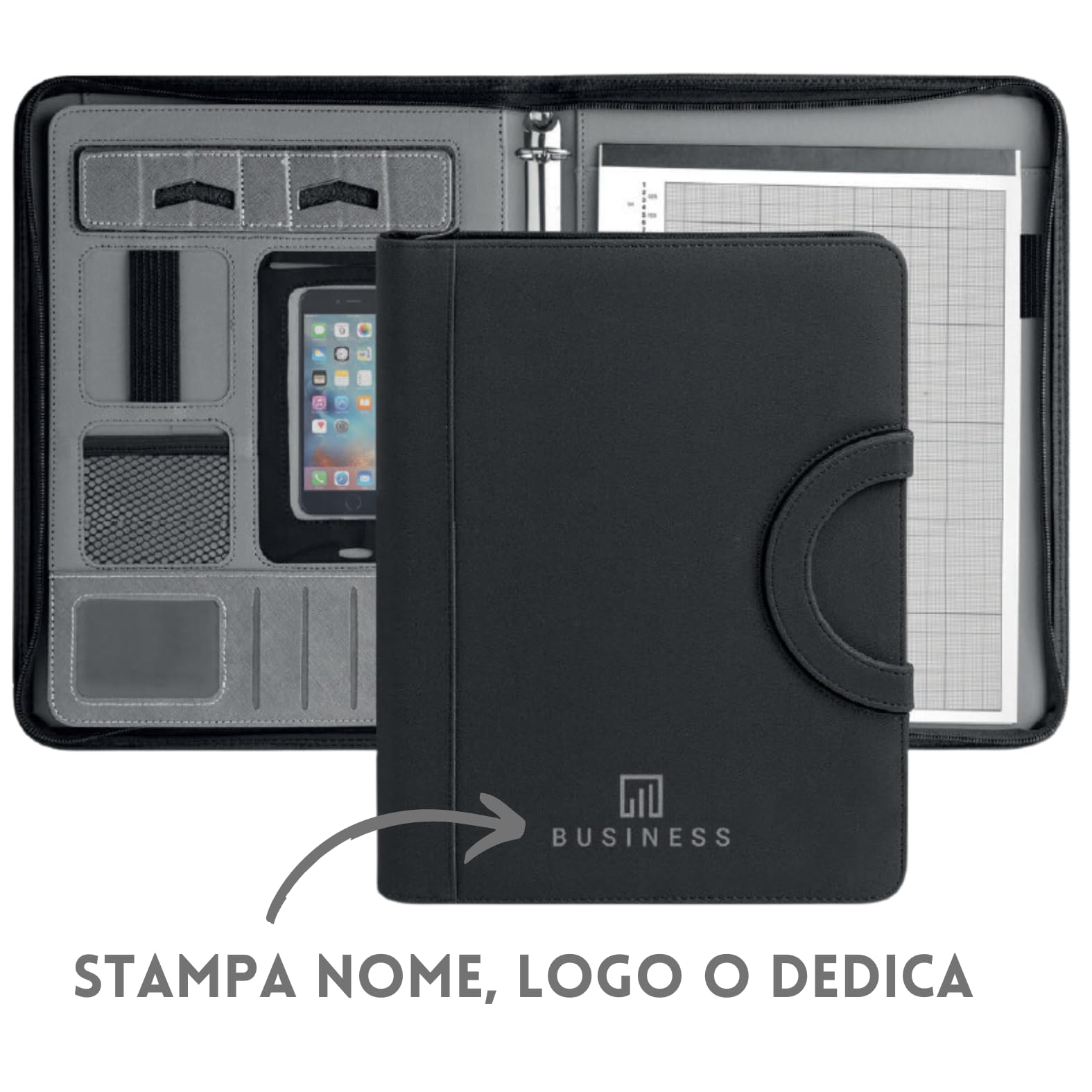 Cartella Multitasche Professionale da Ufficio Personalizzata con Stampa Nome, Frase o Logo - Portadocumenti Elegante - Organizer Conferenze Idea Regalo PH292