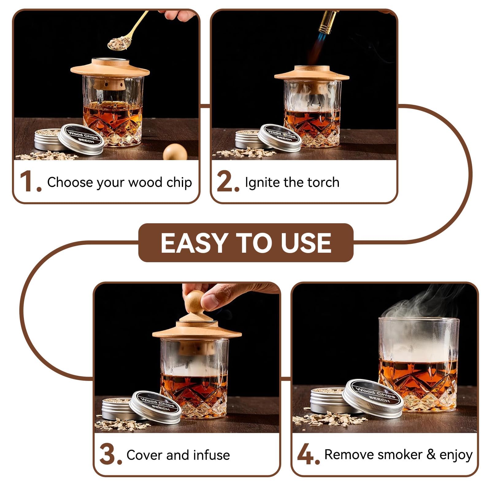 8 Pièces Copeaux de Bois pour Fumoir à Cocktail, Kit Fumage Bois Cocktails Bois de Pommier Hickory Chêne Hêtre Cerisier Mélange Bois Pêcher Poirier pour Whisky Bourbon Boisson Pistolet fumée
