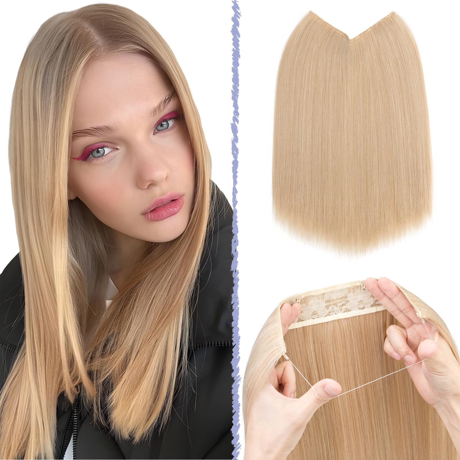 TESS Secret Wire Hair Extension Invisible One Piece Synthetic Hair Extensions Straight Full Thick Long Adjustable Hairpieces for Women (Ash Blonde Mixeded Pale Blonde
