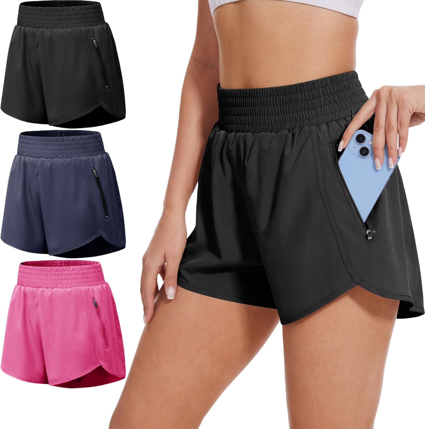 BALENNZ Women's Athletic Workout Shorts with Zipper Pockets Activewear Elastic Waist Gym Running Shorts