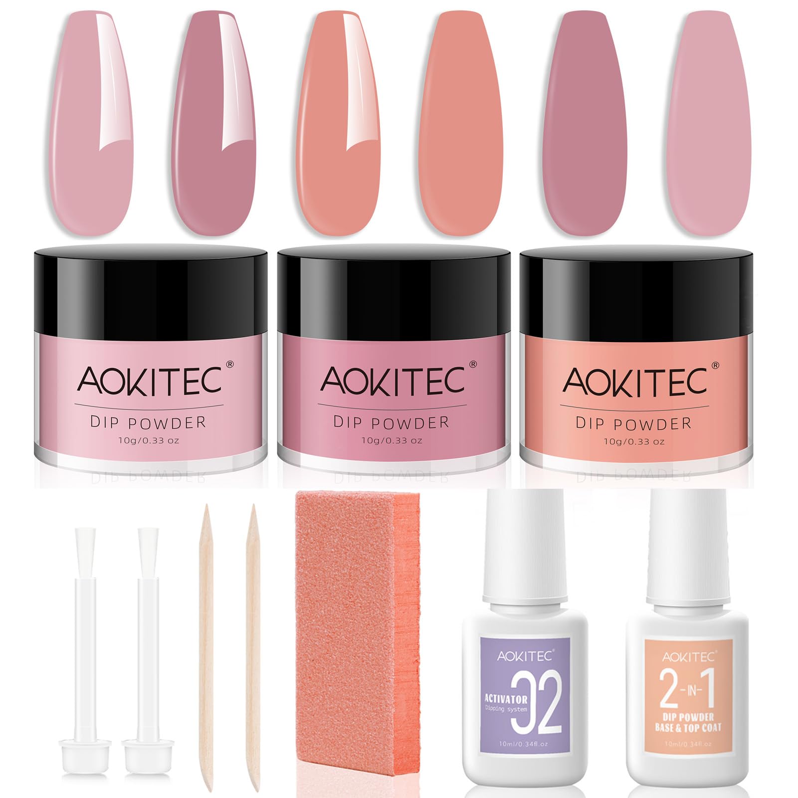 Aokitec 11 PCS Dip Powder Nail Kit Starter Set - 3 Colours Nail Powder with 2-in-1 Dip Base & Top Activator Nail Dust Brush, Simple Steps for Long-lasting Nail Art, Light Pink Tawny Orange