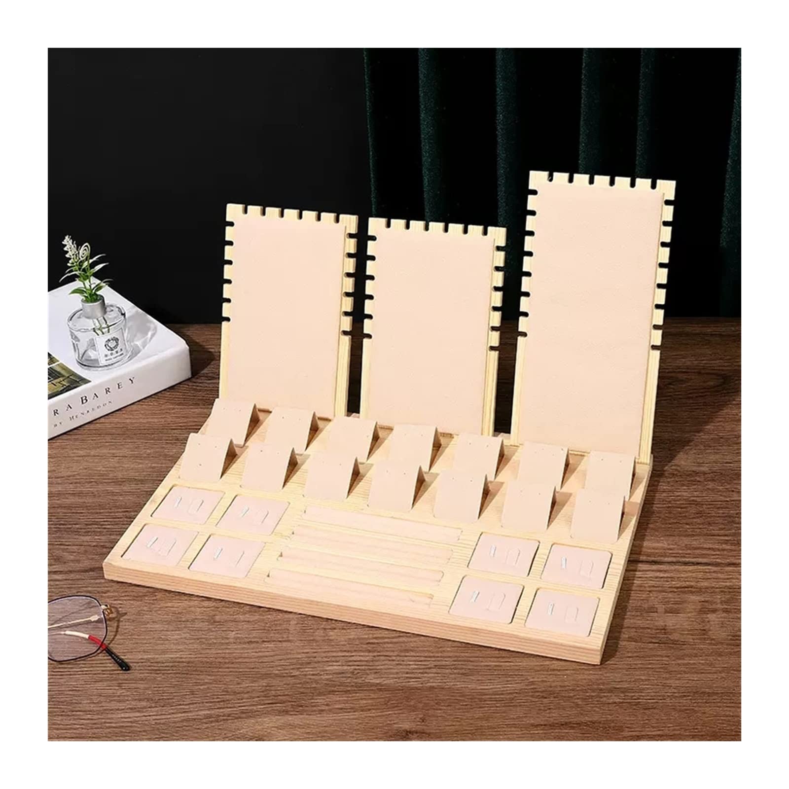 GAROEN Jewelry Display Stand Bamboo Jewelry Display Stand Showcase for Pendant Necklace Jewelry Display Props Tray Velvet Ring Earring Display Tray