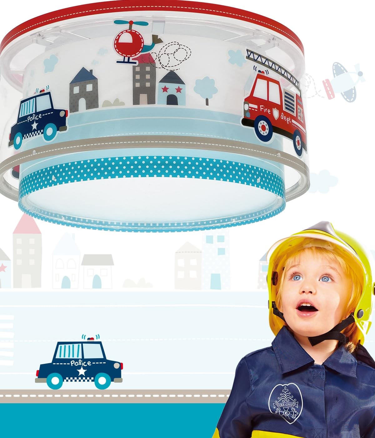 Dalber Kinder Deckenlampe Police Polizei Autos 60616M | Deckenleuchte; Kinderzimmer; Jungenzimmerlampe; E27 - 2 x 15W
